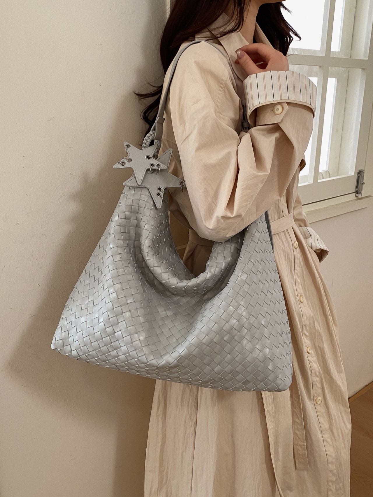 Silver Woven Shoulder Bag with Star Charm