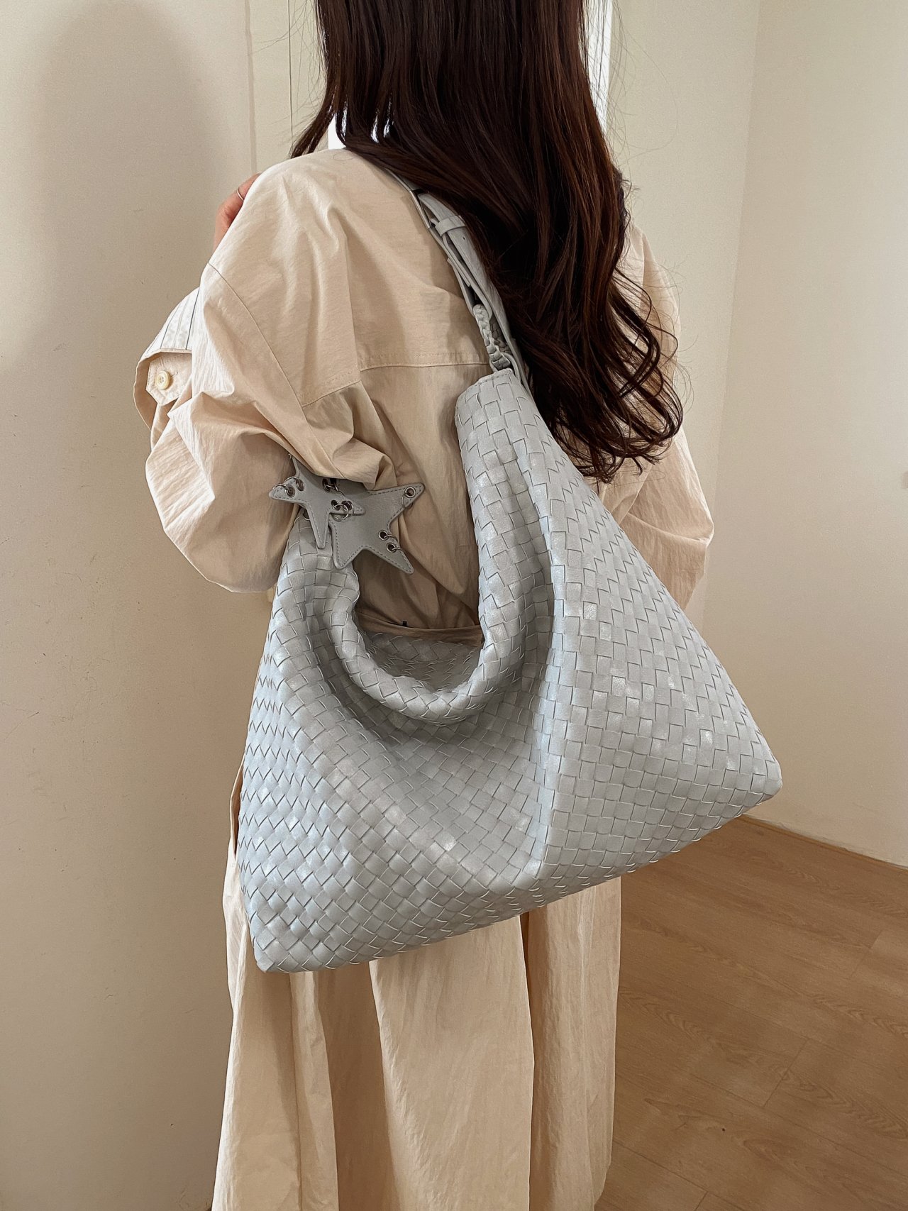 Silver Woven Shoulder Bag with Star Charm