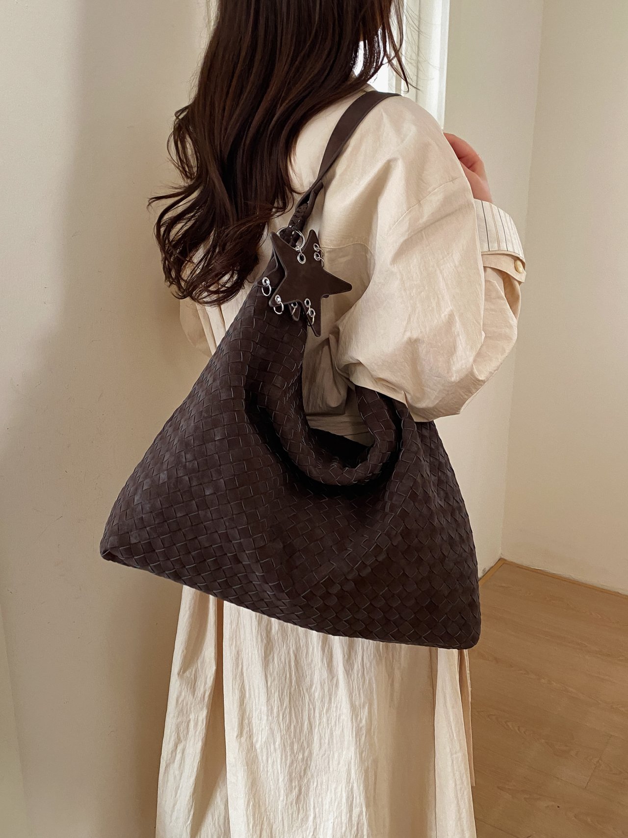 Coffee Brown Woven Shoulder Bag with Star Charm