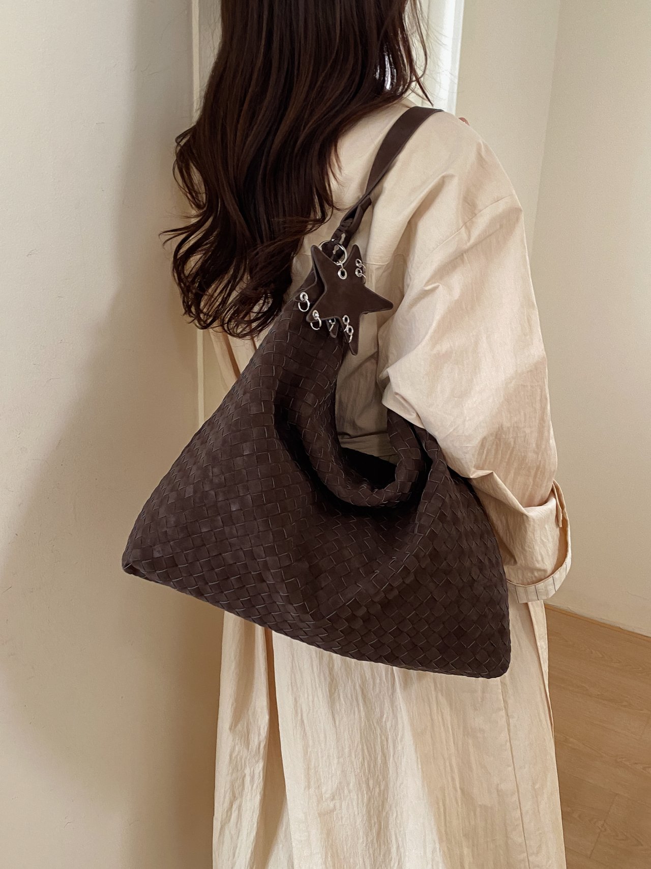 Coffee Brown Woven Shoulder Bag with Star Charm