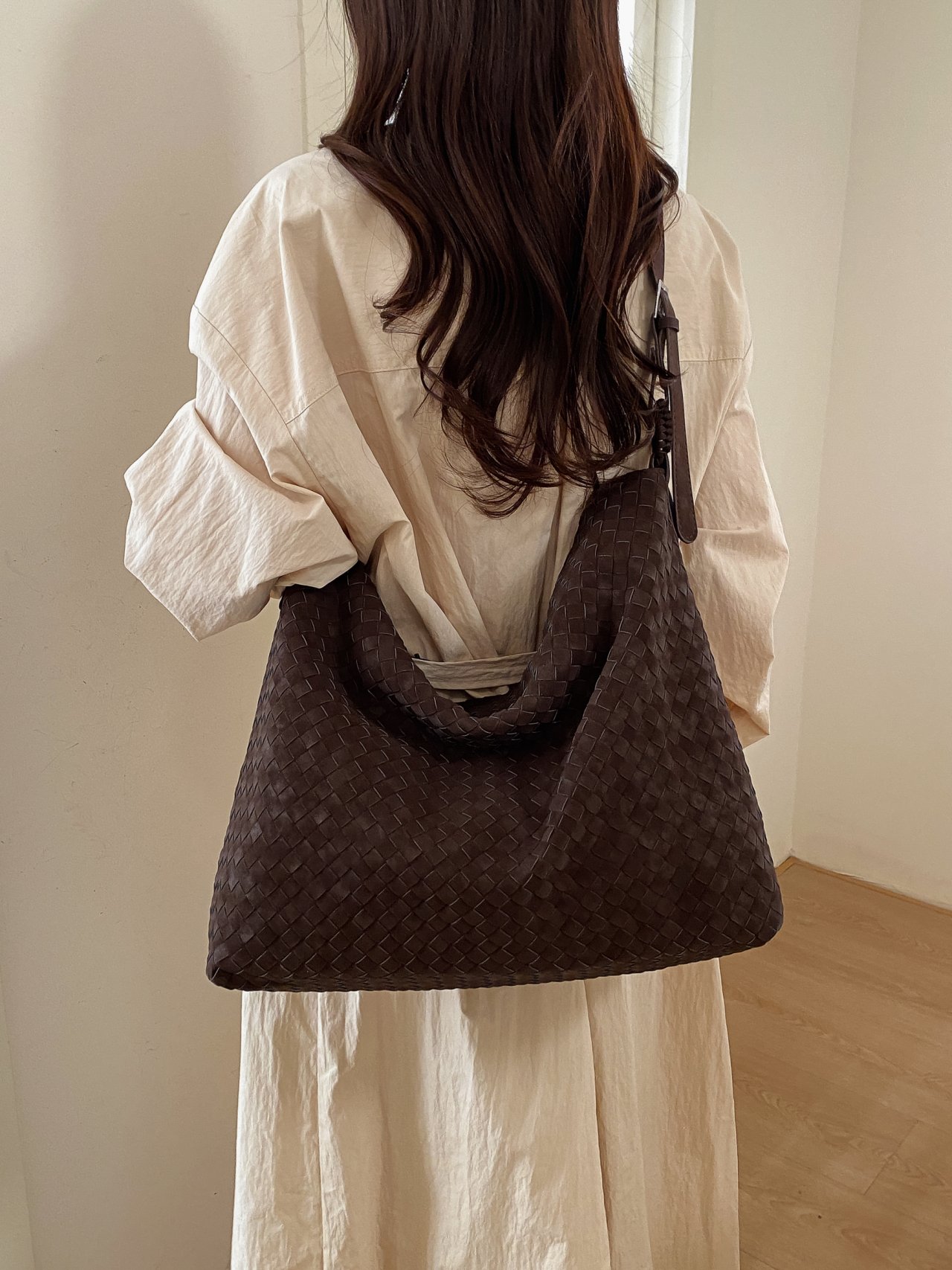 Coffee Brown Woven Shoulder Bag with Star Charm