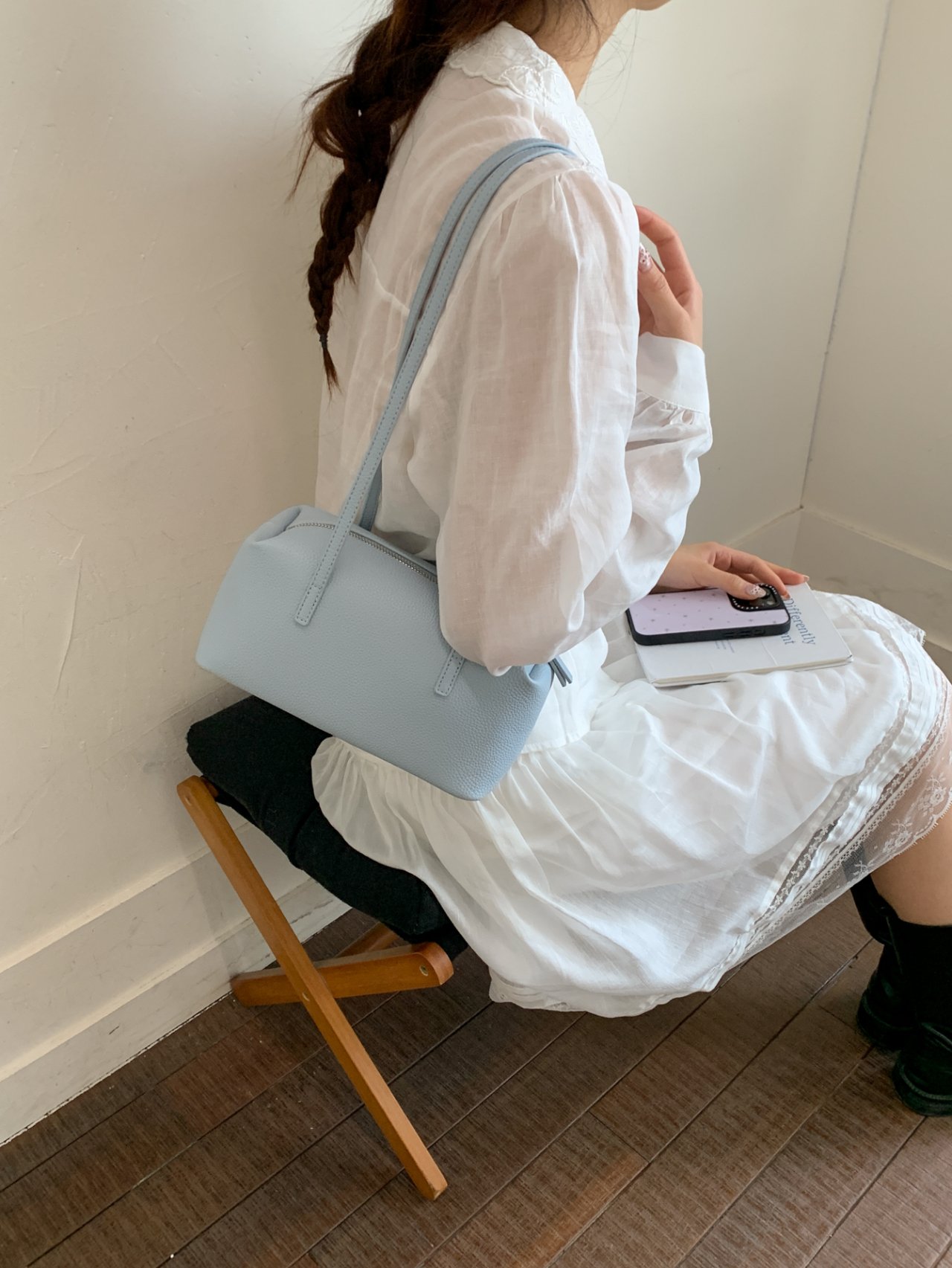 Sky Blue Plain Shoulder Bag