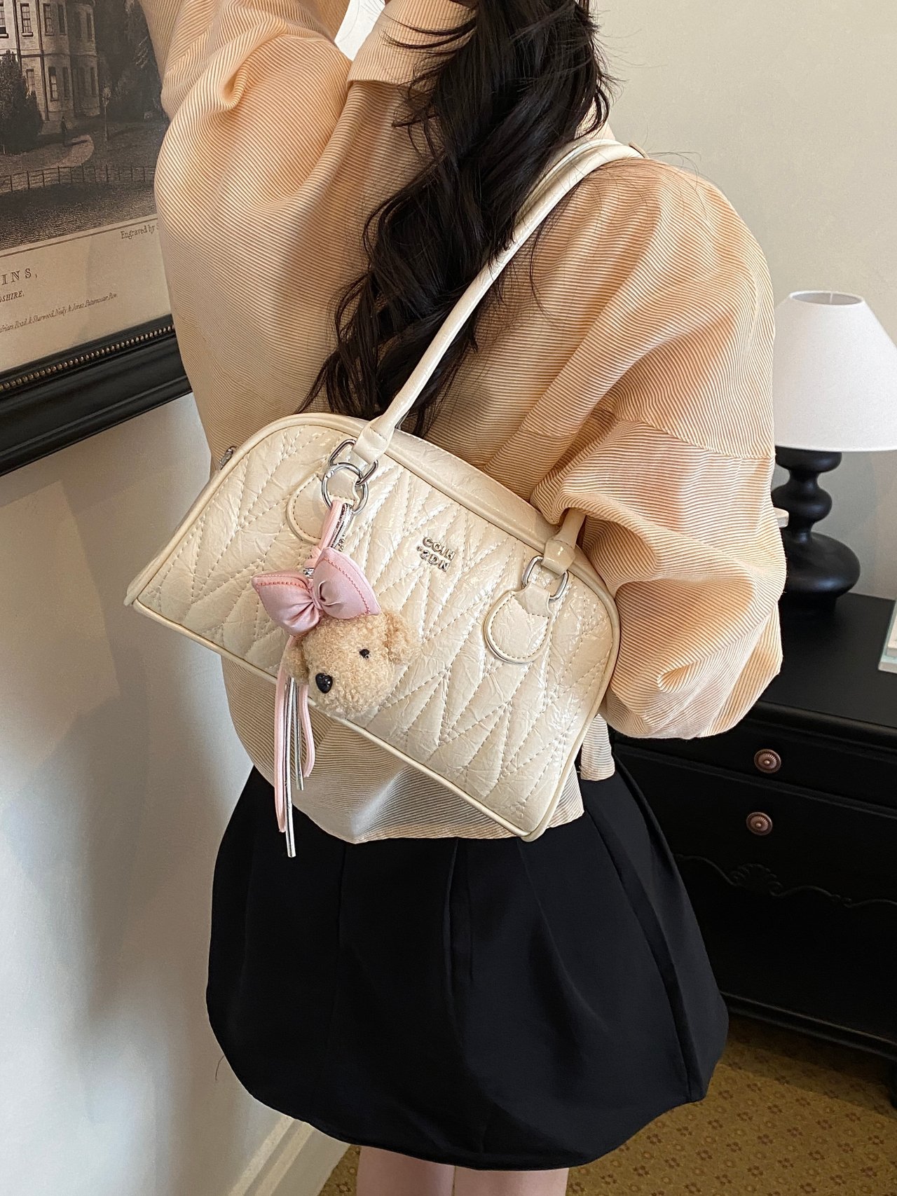 White Quilted Shoulder Bag with Charm