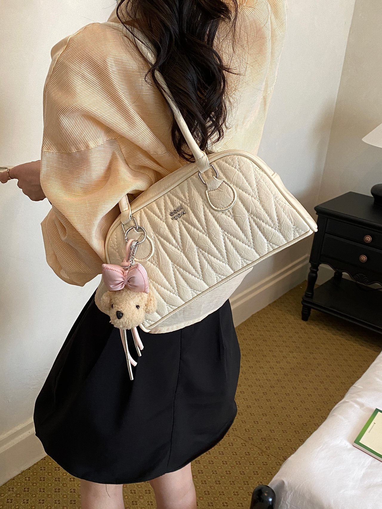 White Quilted Shoulder Bag with Charm