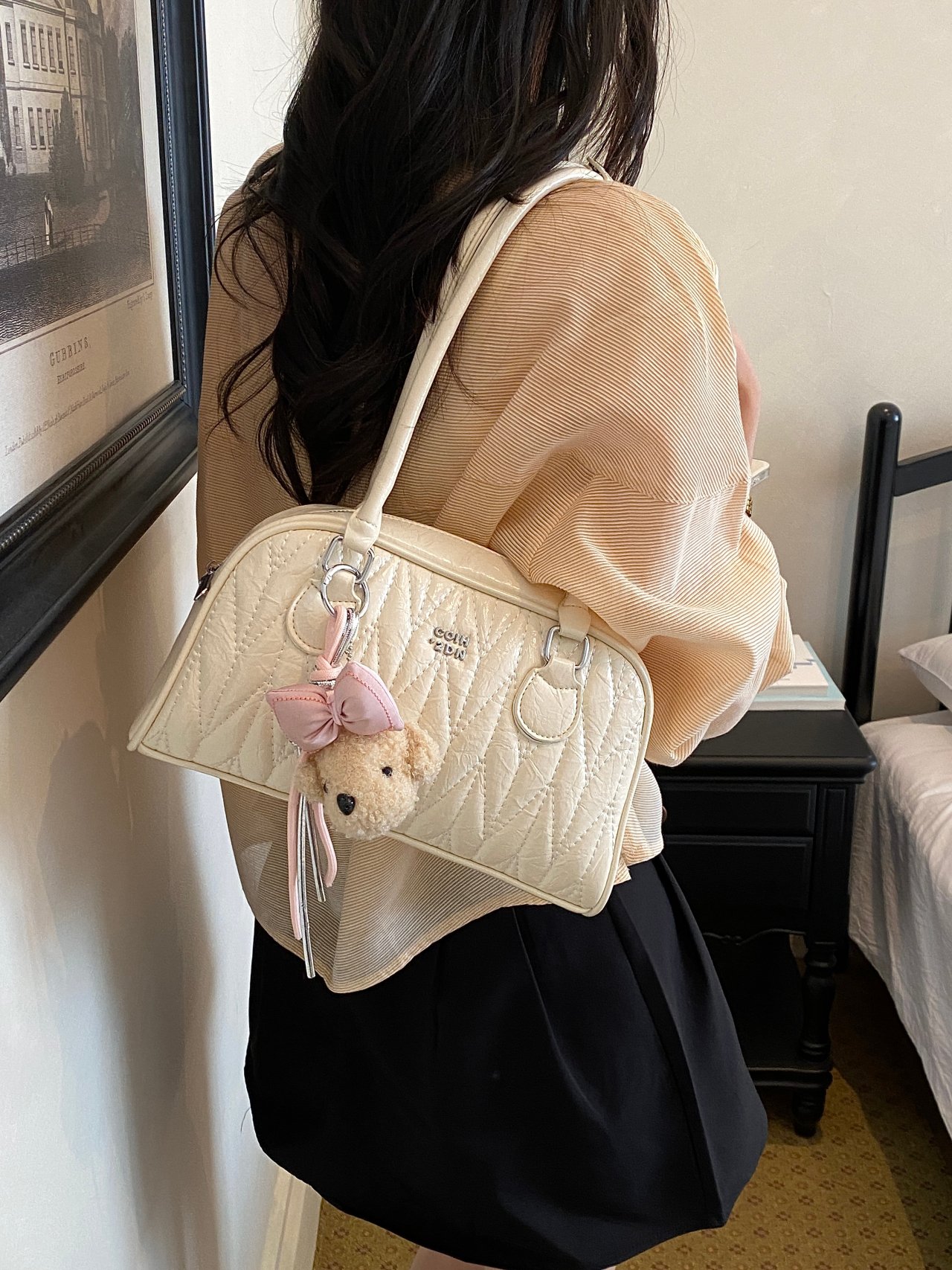 White Quilted Shoulder Bag with Charm