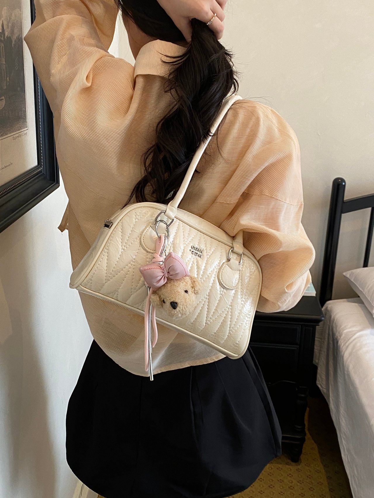 White Quilted Shoulder Bag with Charm
