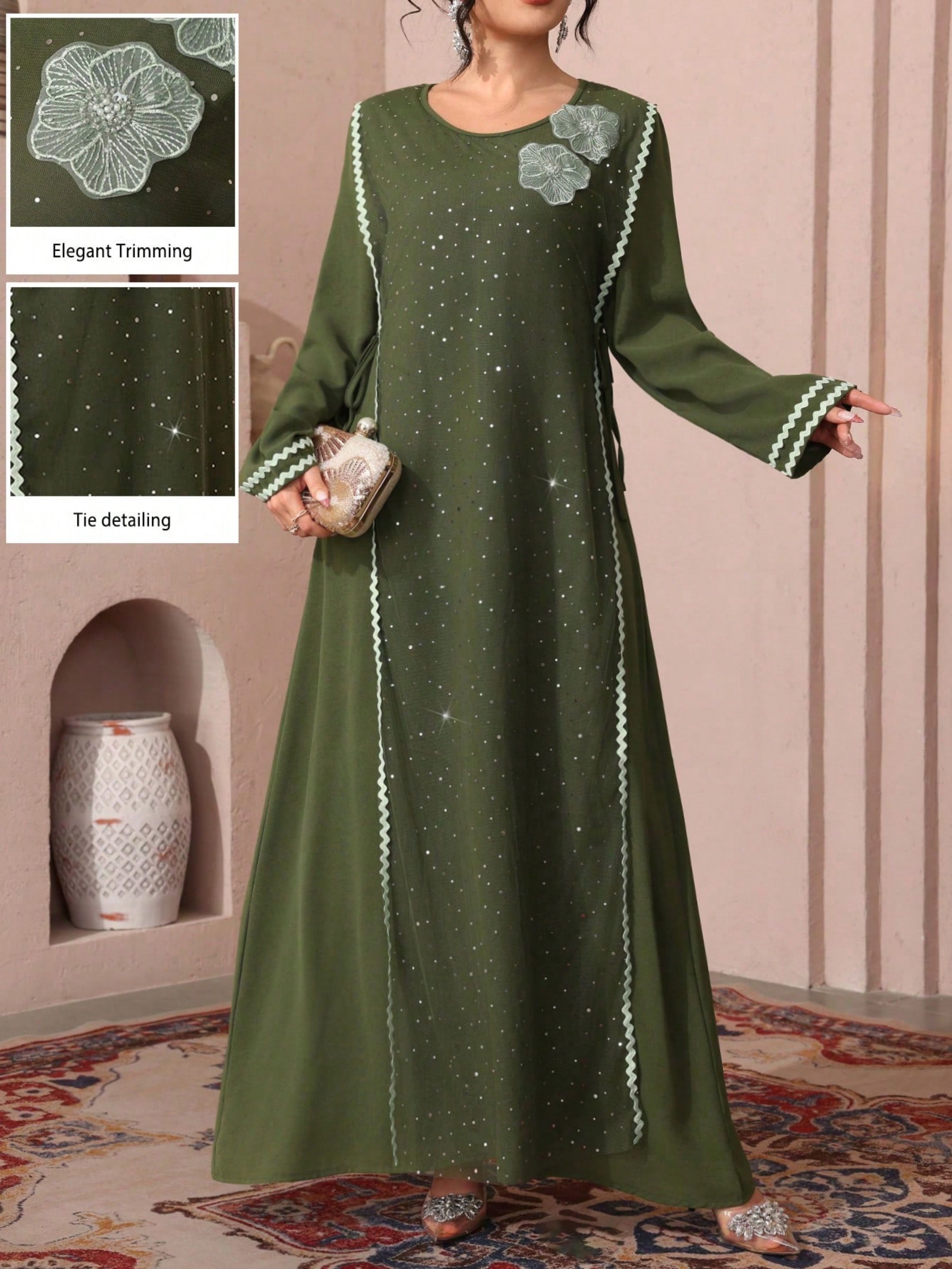 Green A-Line Jalabiya With Sequin And Floral Embellishments