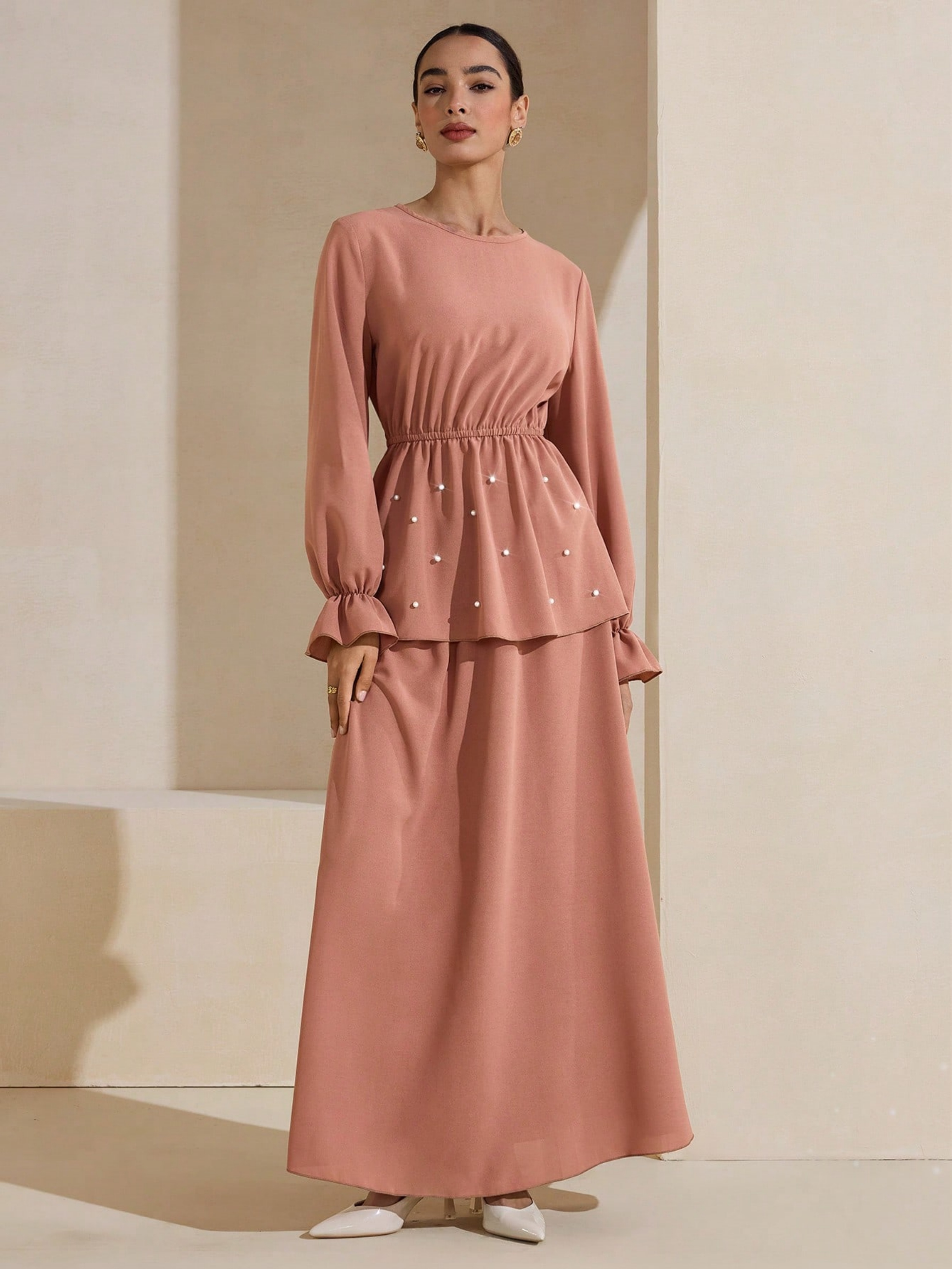 Pink Solid Blouse and Skirts Co-Ords