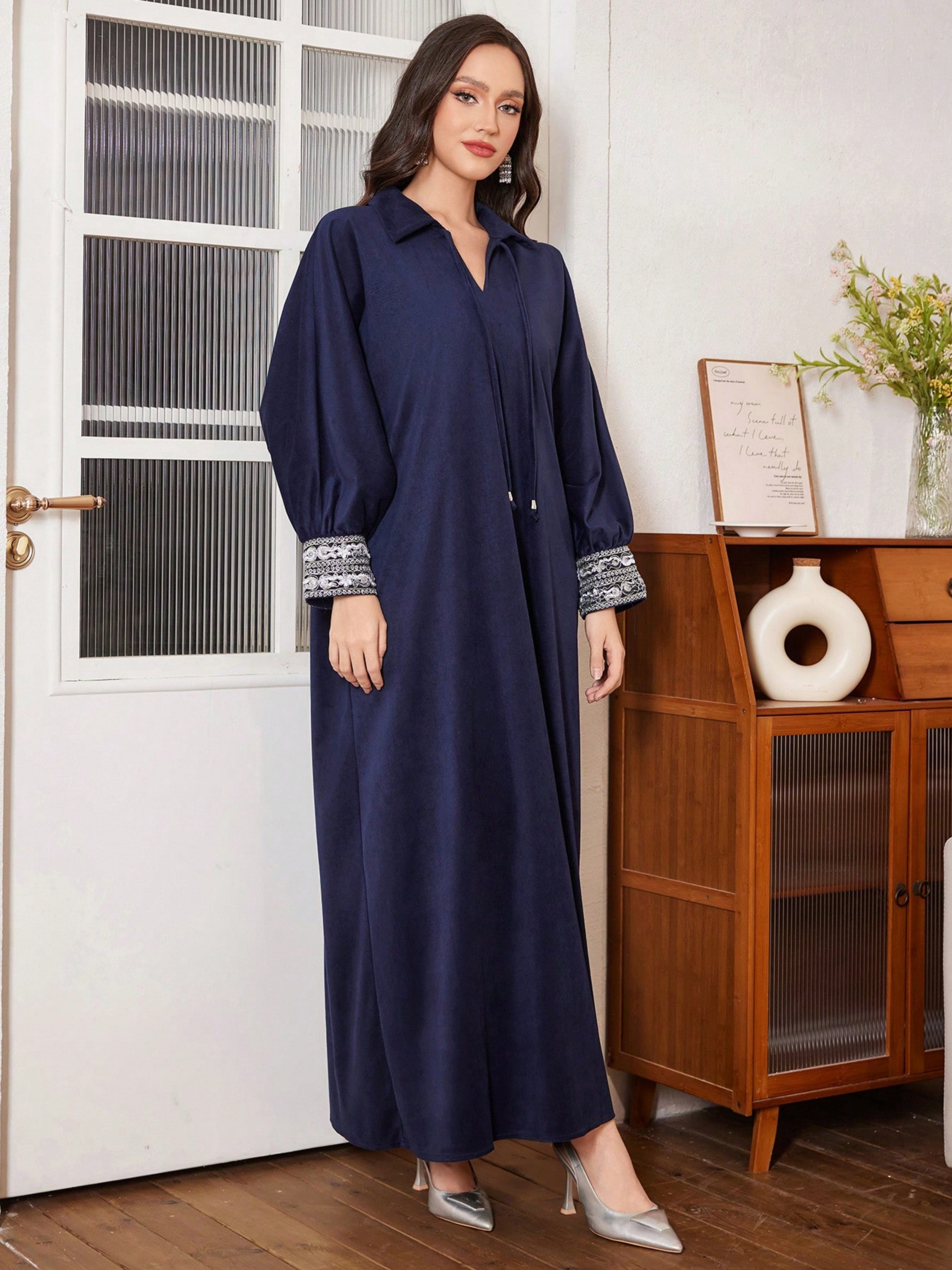 Dark Blue Solid Collared A-Line Ankle length Dress