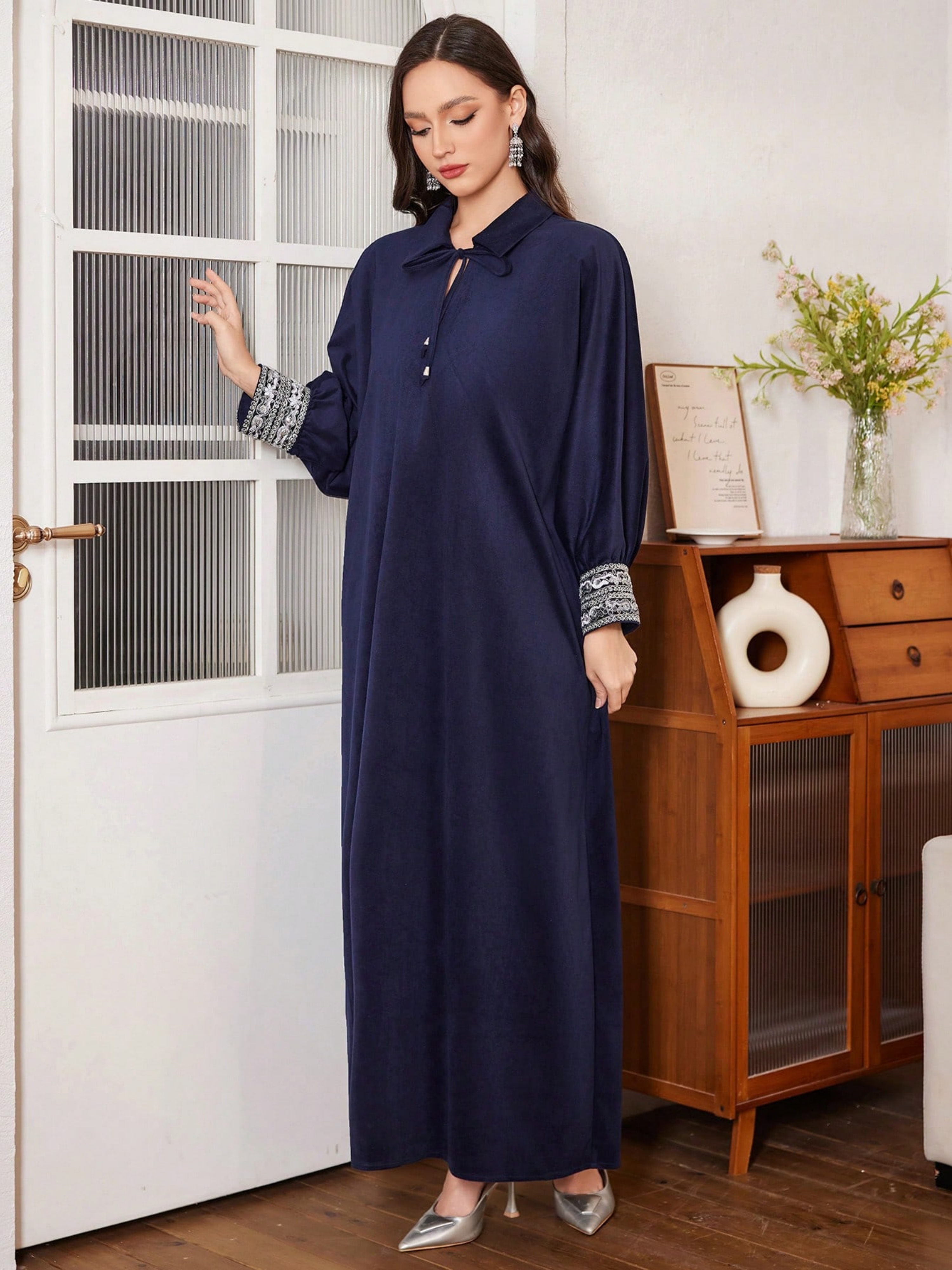 Dark Blue Solid Collared A-Line Ankle length Dress