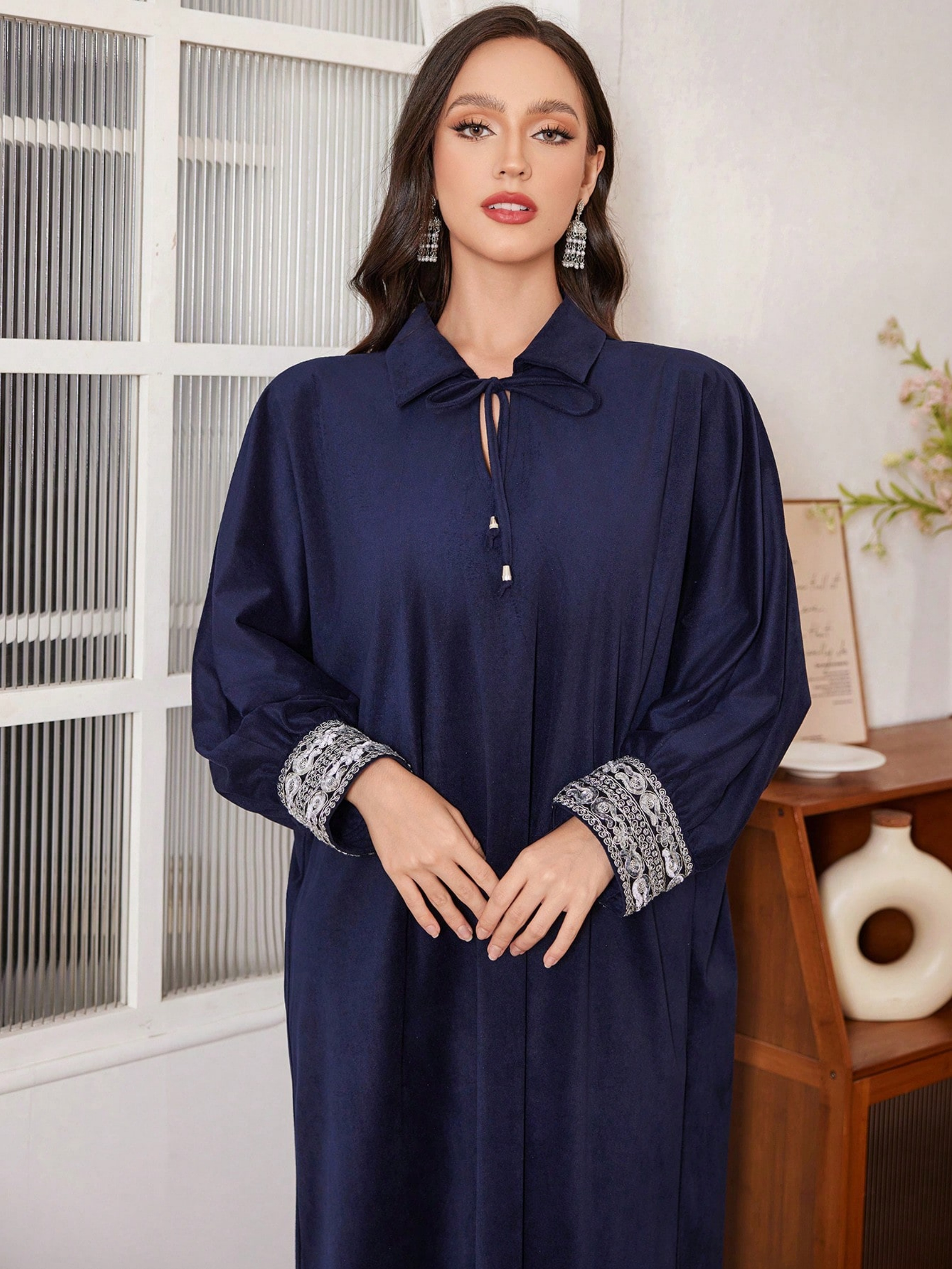 Dark Blue Solid Collared A-Line Ankle length Dress