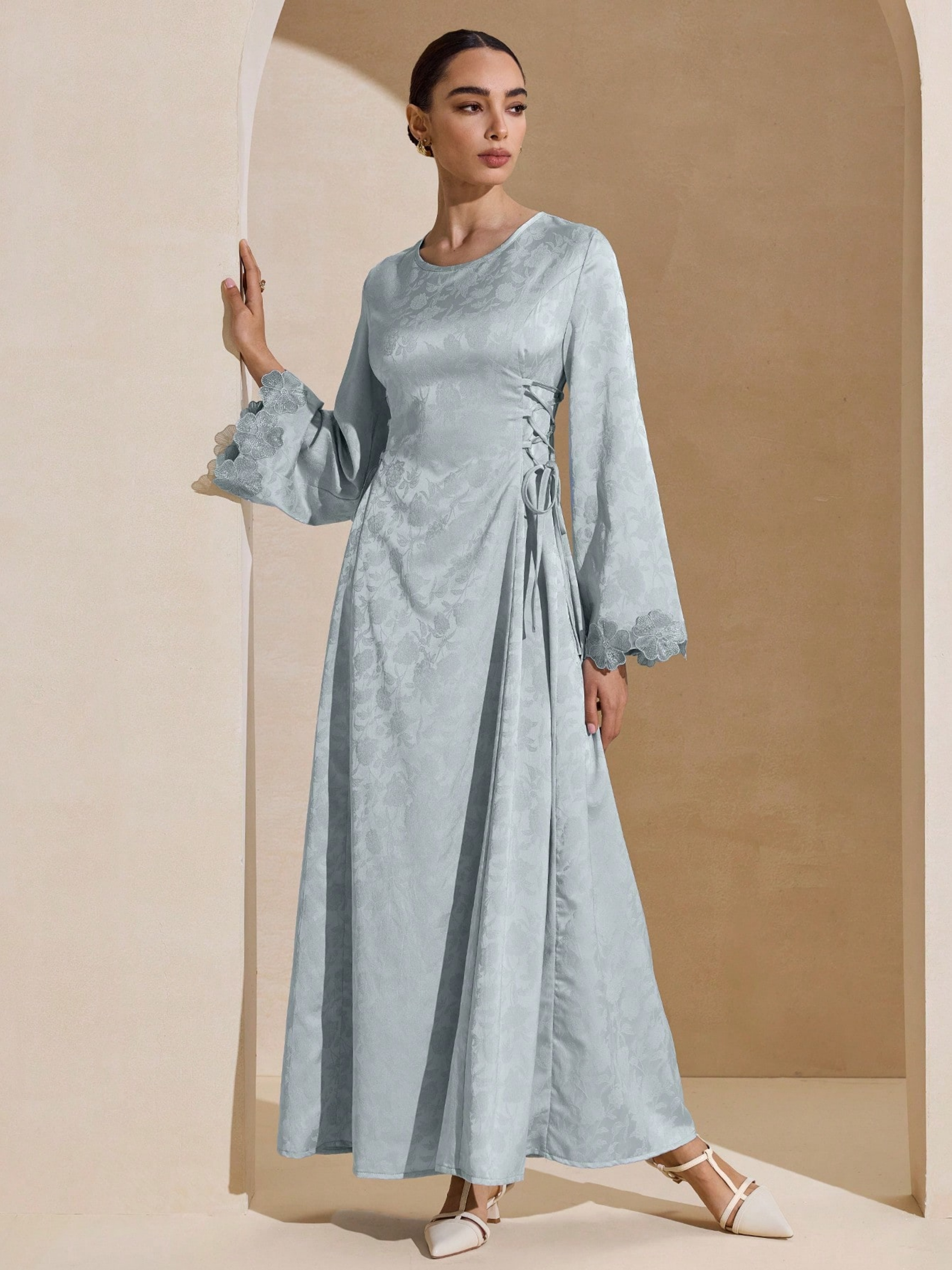 Blue Solid Round Neck A-Line Maxi Dress
