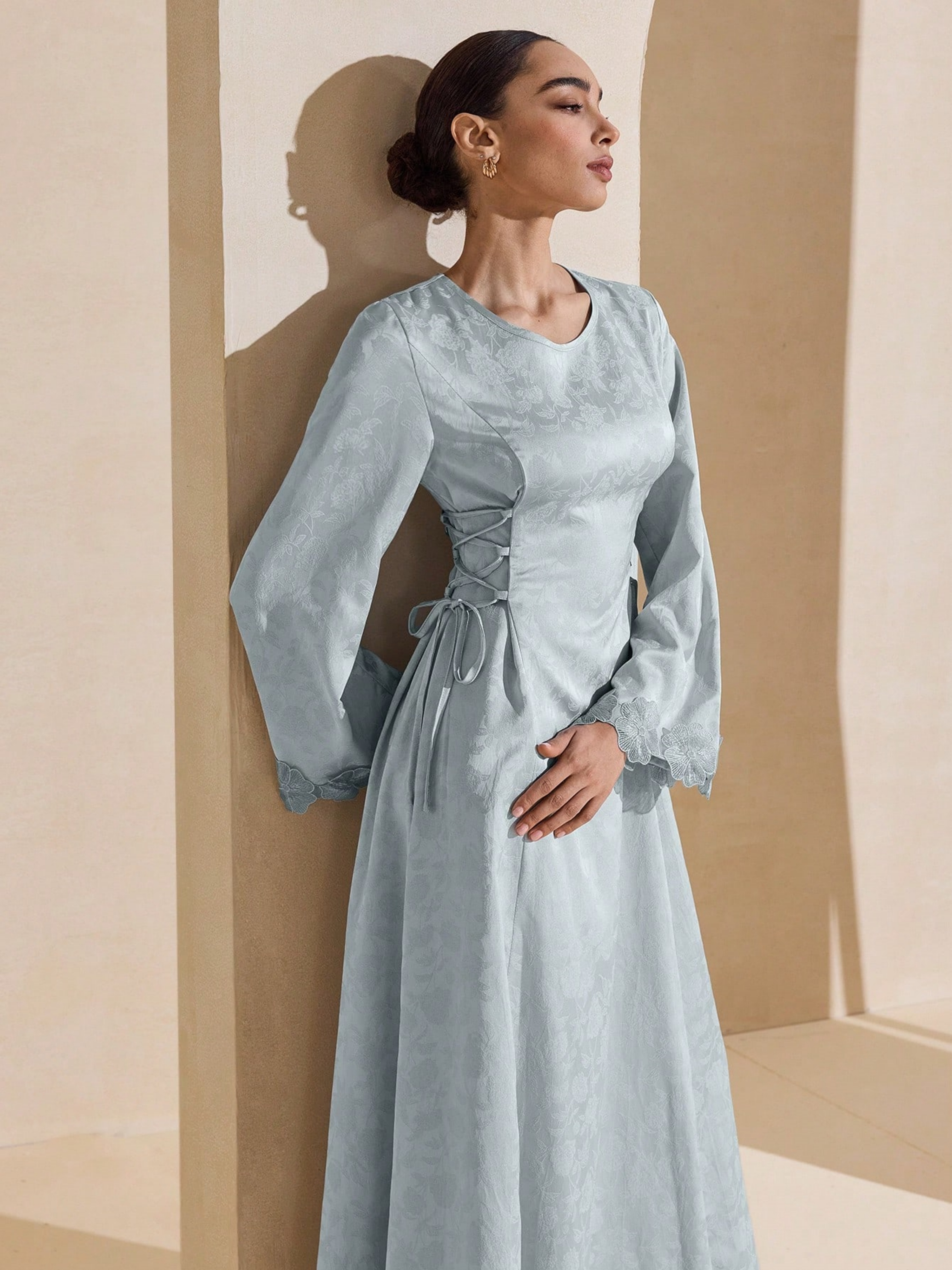 Blue Solid Round Neck A-Line Maxi Dress