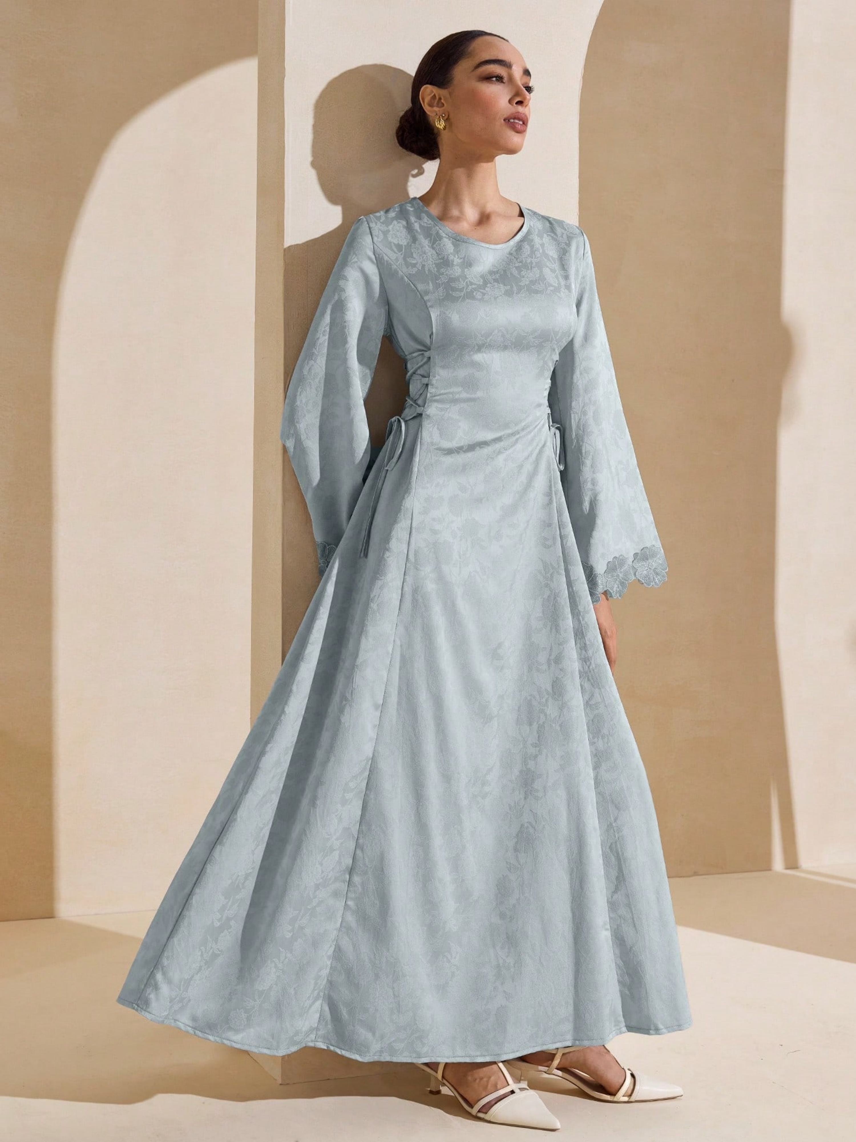 Blue Solid Round Neck A-Line Maxi Dress