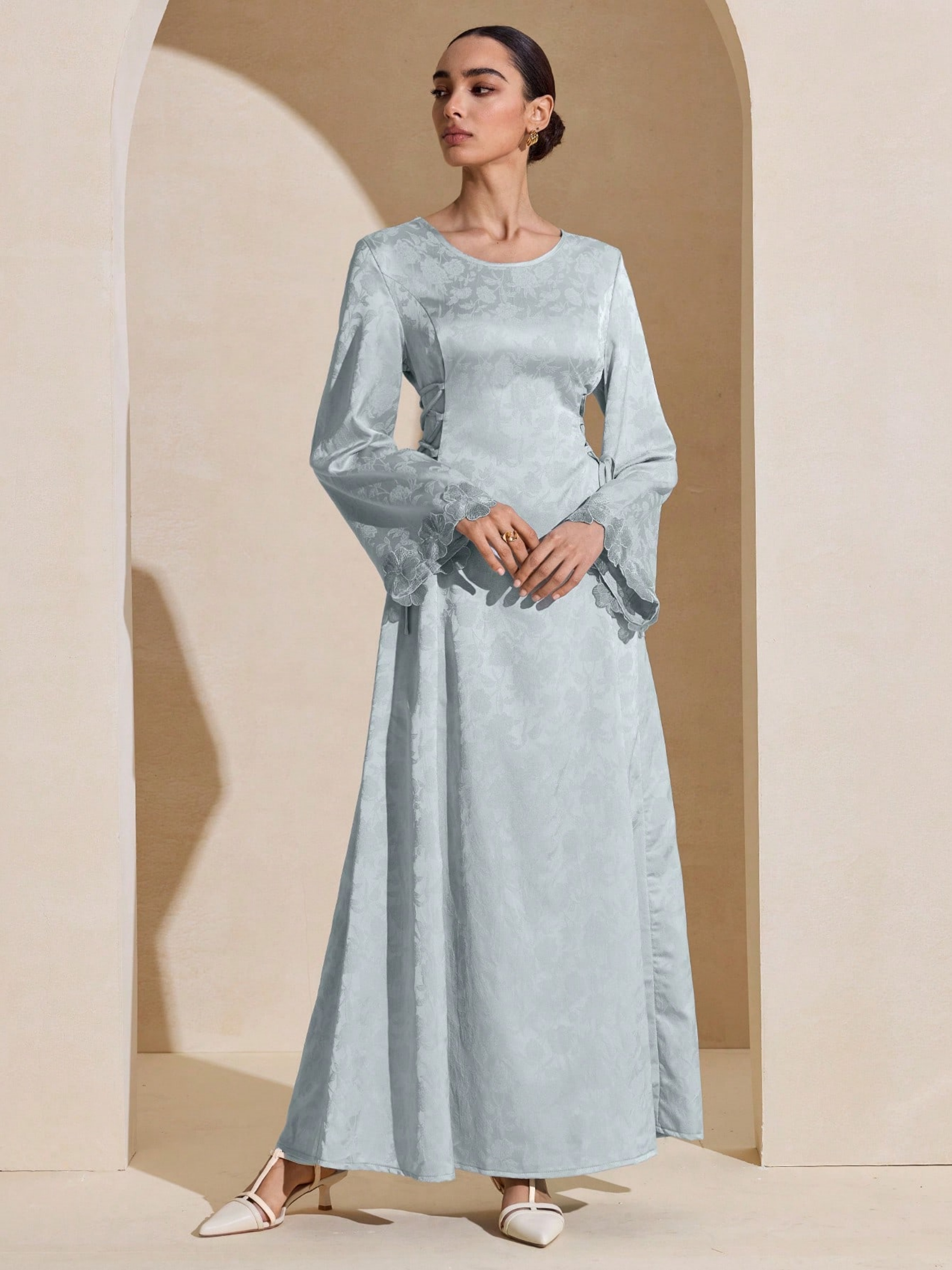 Blue Solid Round Neck A-Line Maxi Dress