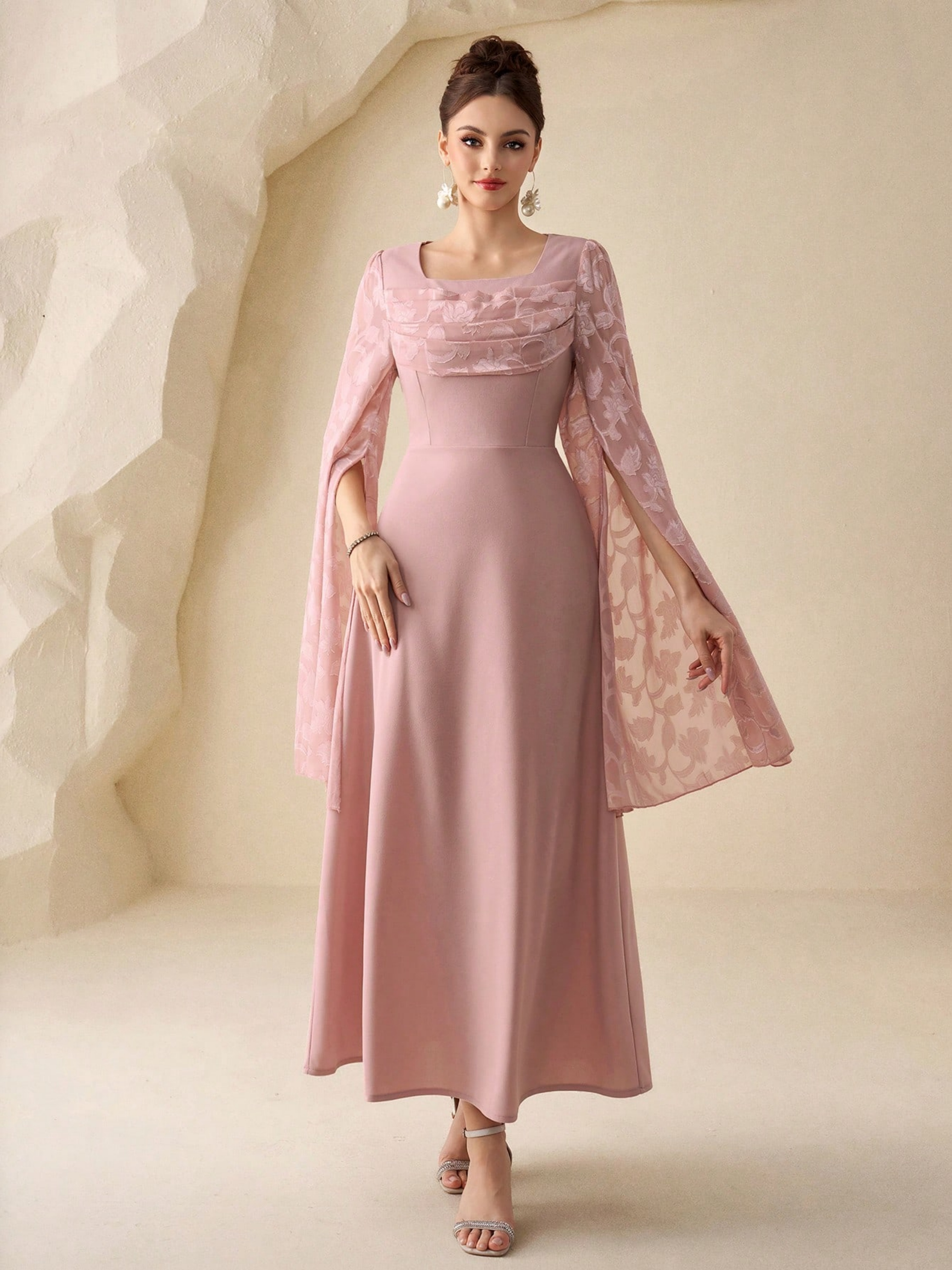 Pink Solid Square Neck Cape Ankle length Dress