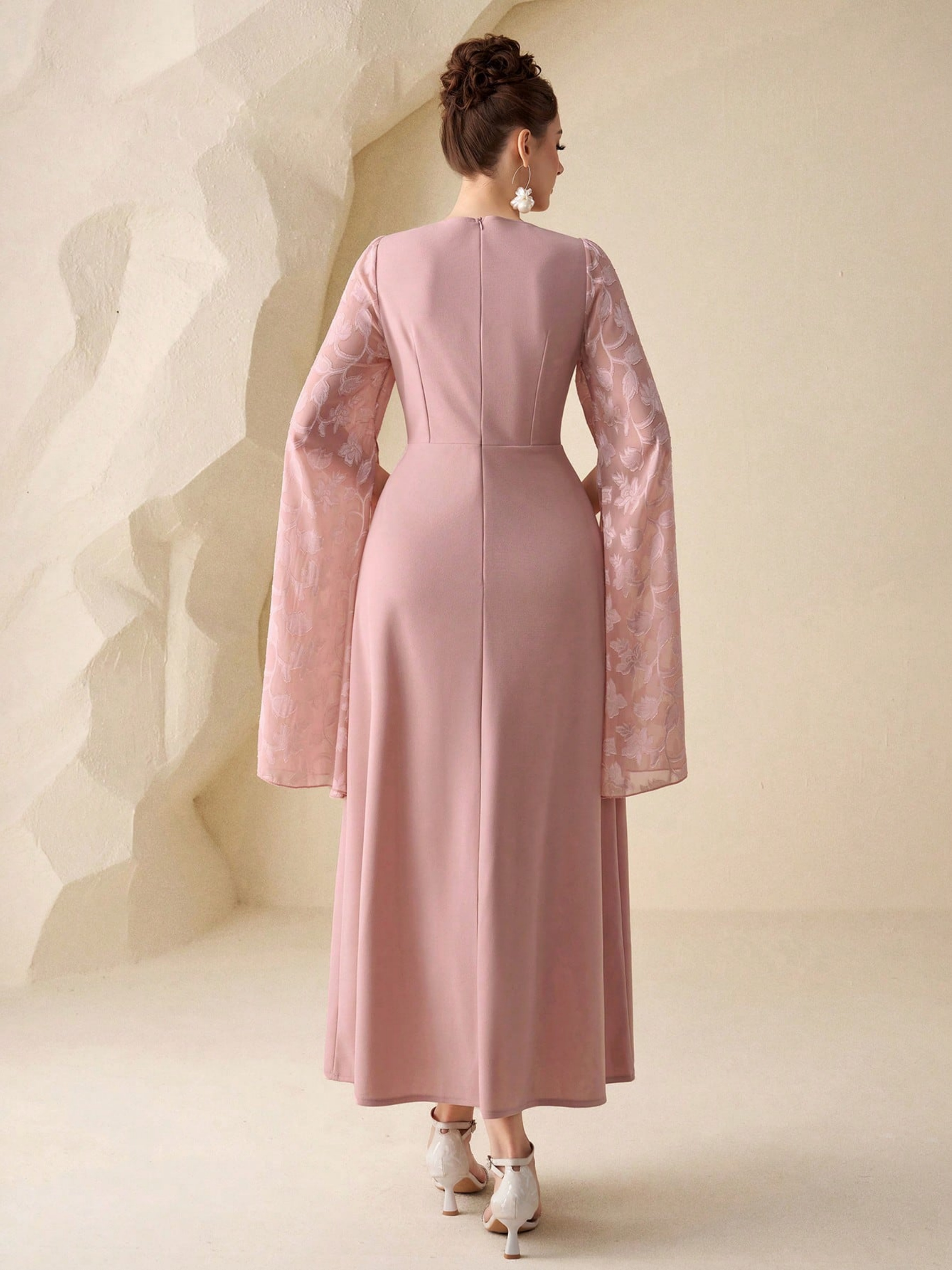 Pink Solid Square Neck Cape Ankle length Dress