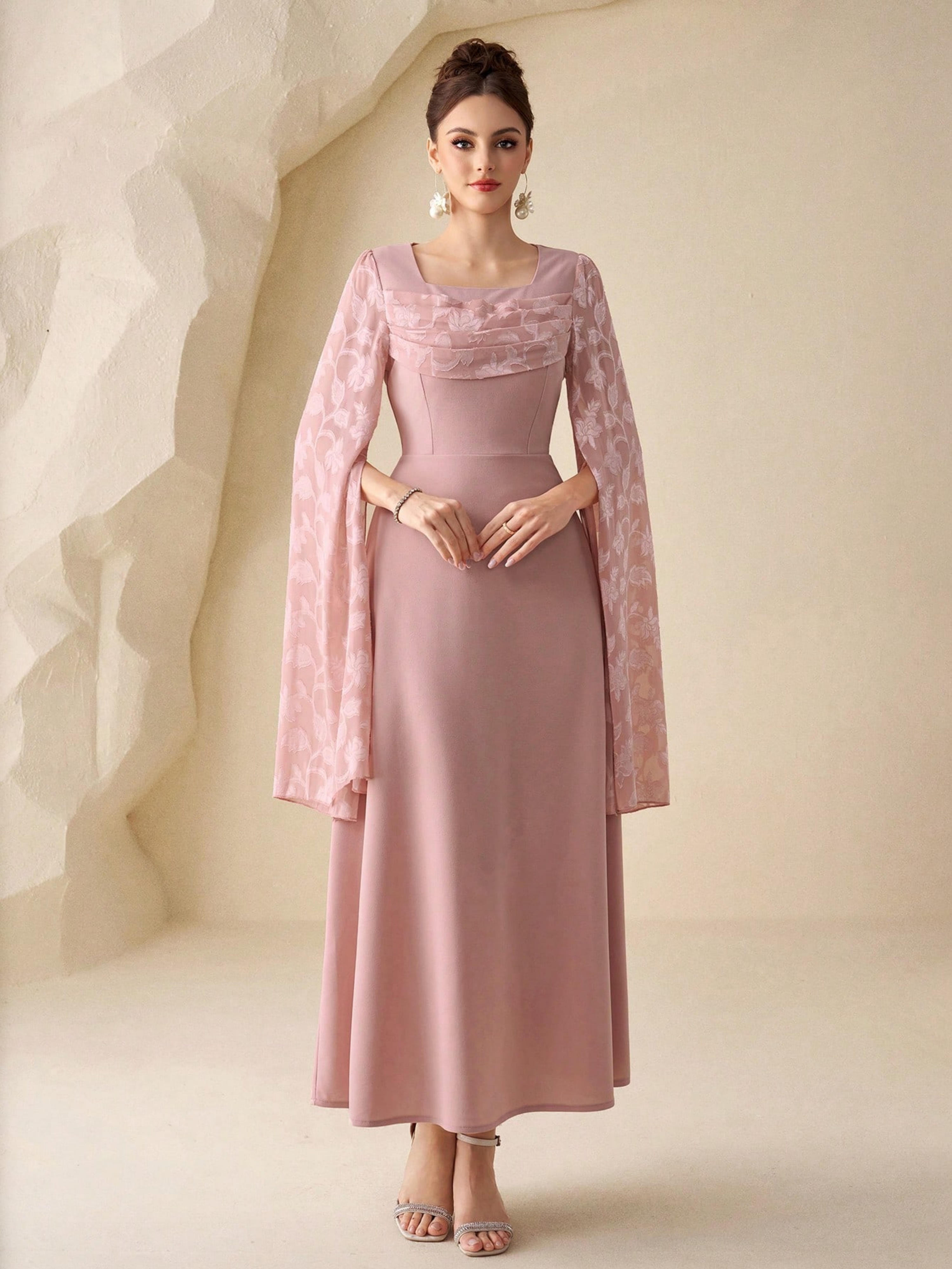 Pink Solid Square Neck Cape Ankle length Dress