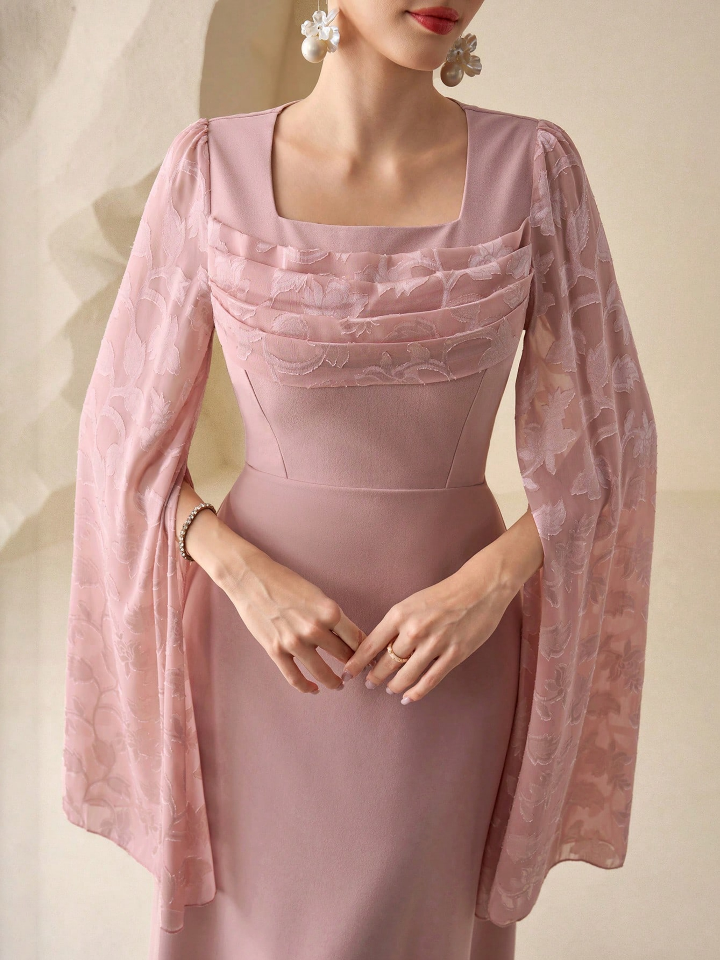 Pink Solid Square Neck Cape Ankle length Dress