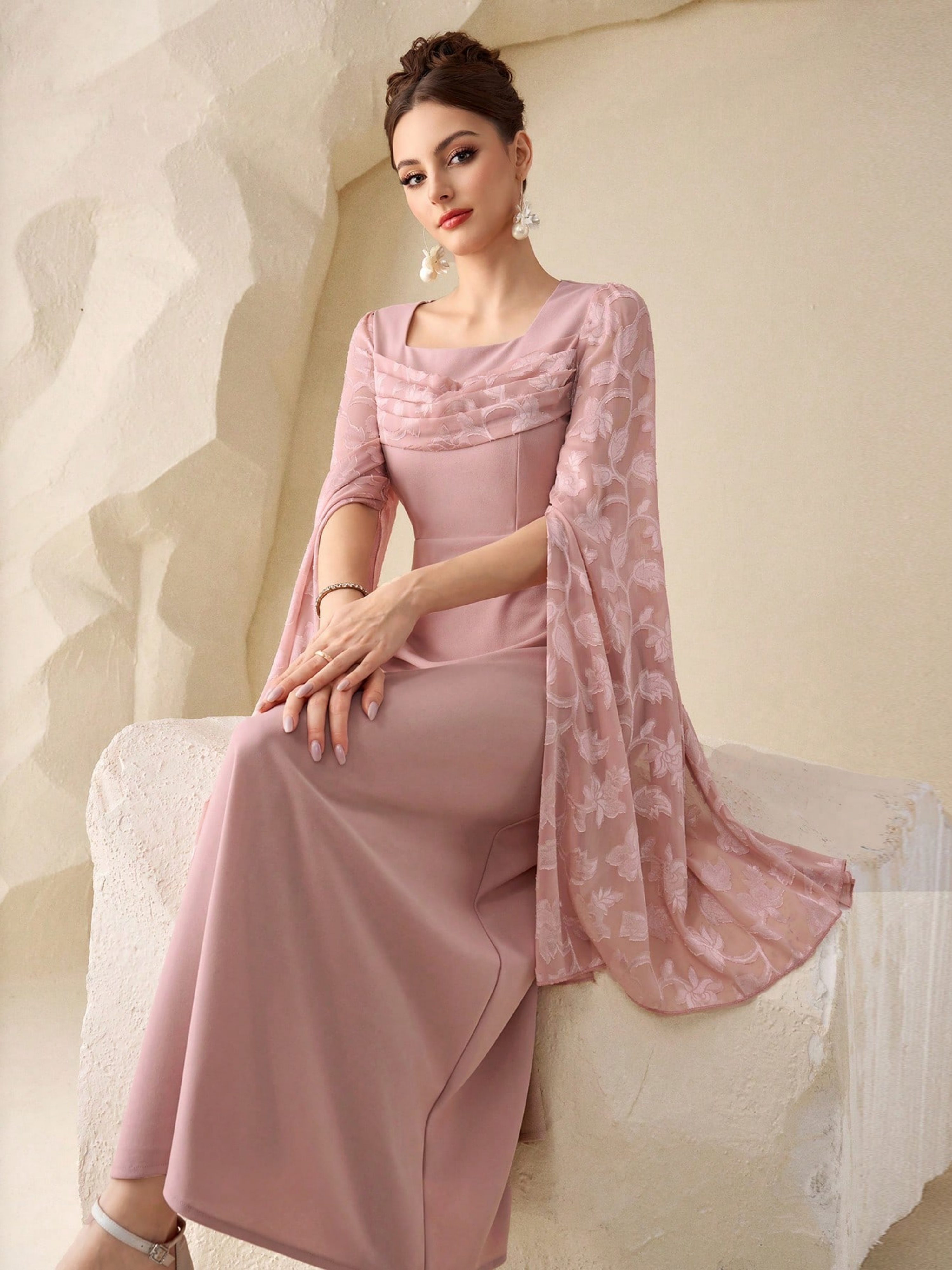 Pink Solid Square Neck Cape Ankle length Dress