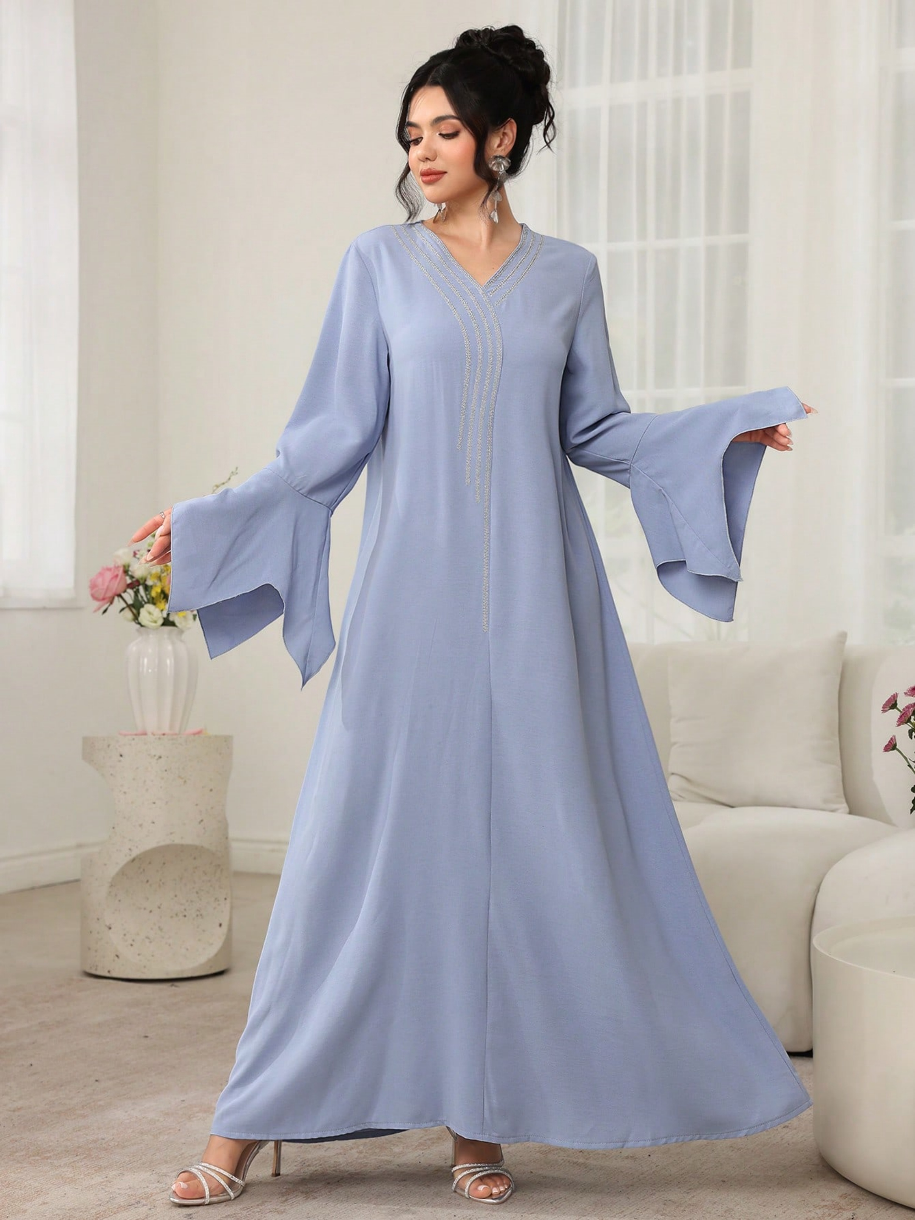 Blue Solid V Neck A-Line Maxi Dress