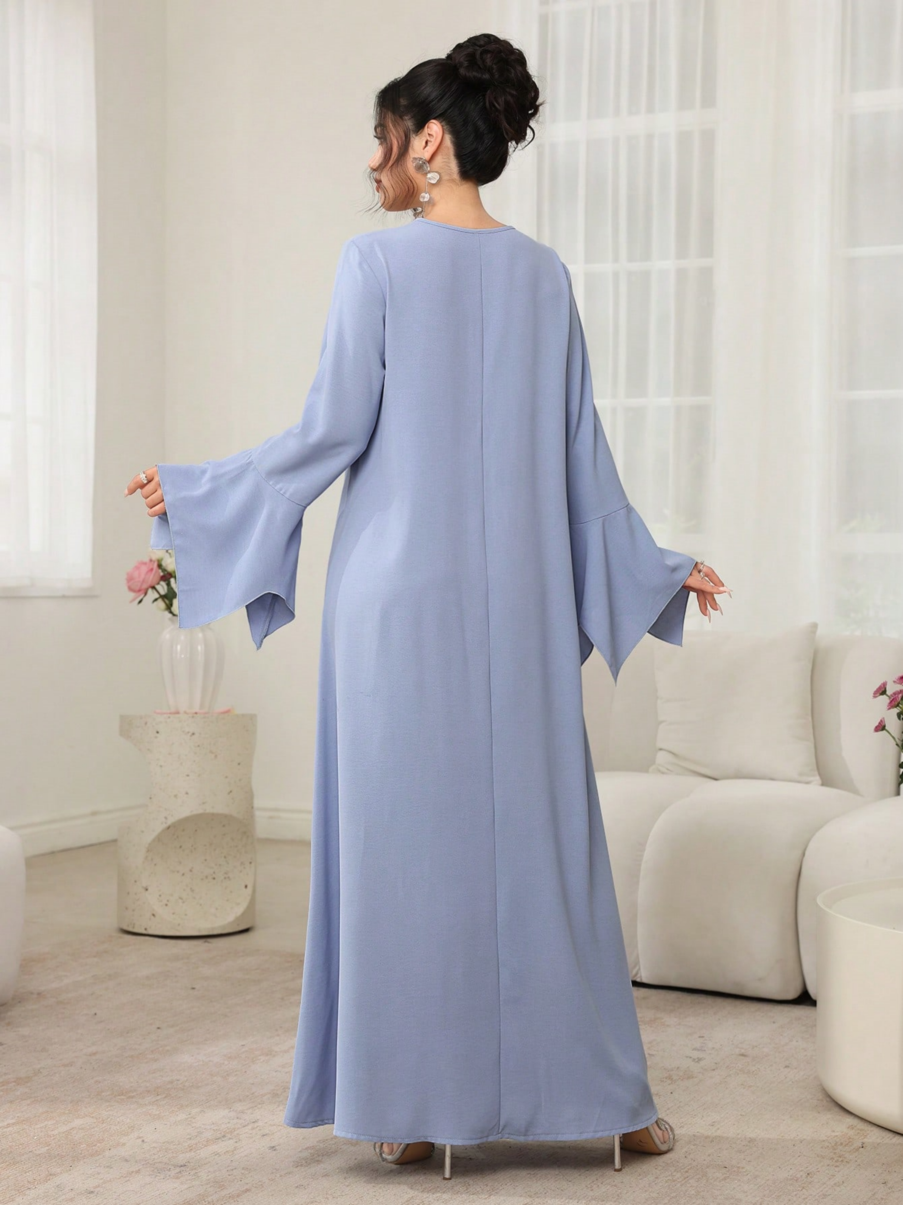 Blue Solid V Neck A-Line Maxi Dress