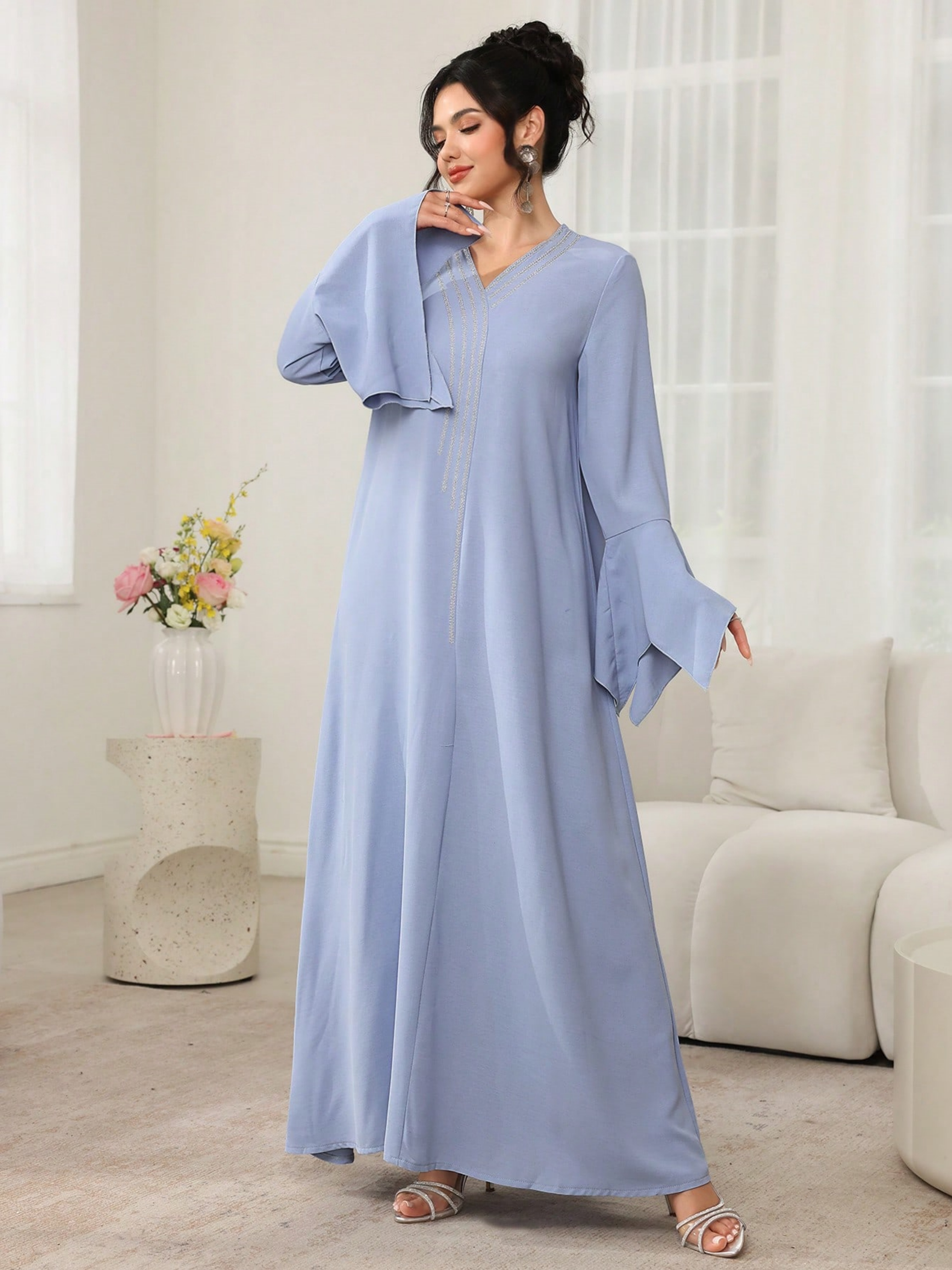 Blue Solid V Neck A-Line Maxi Dress