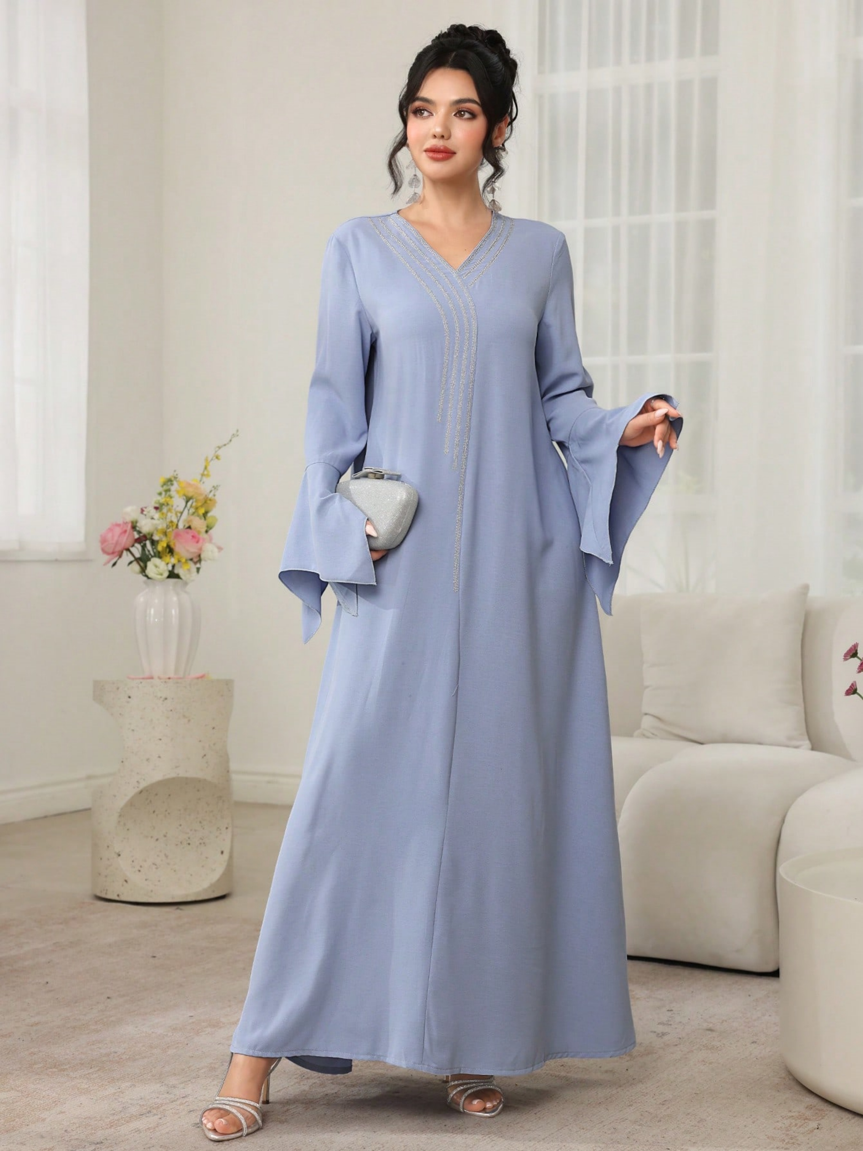 Blue Solid V Neck A-Line Maxi Dress