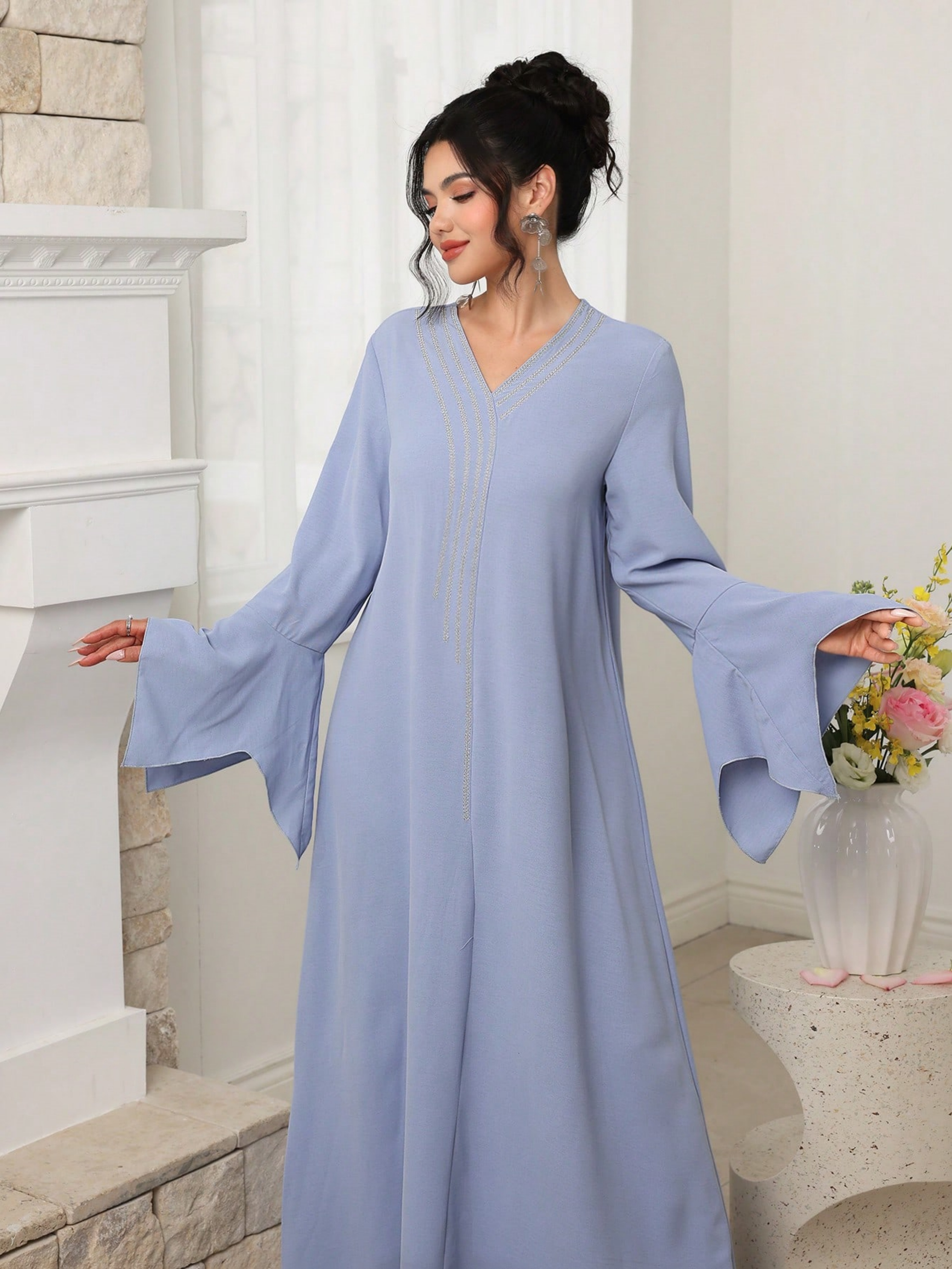 Blue Solid V Neck A-Line Maxi Dress
