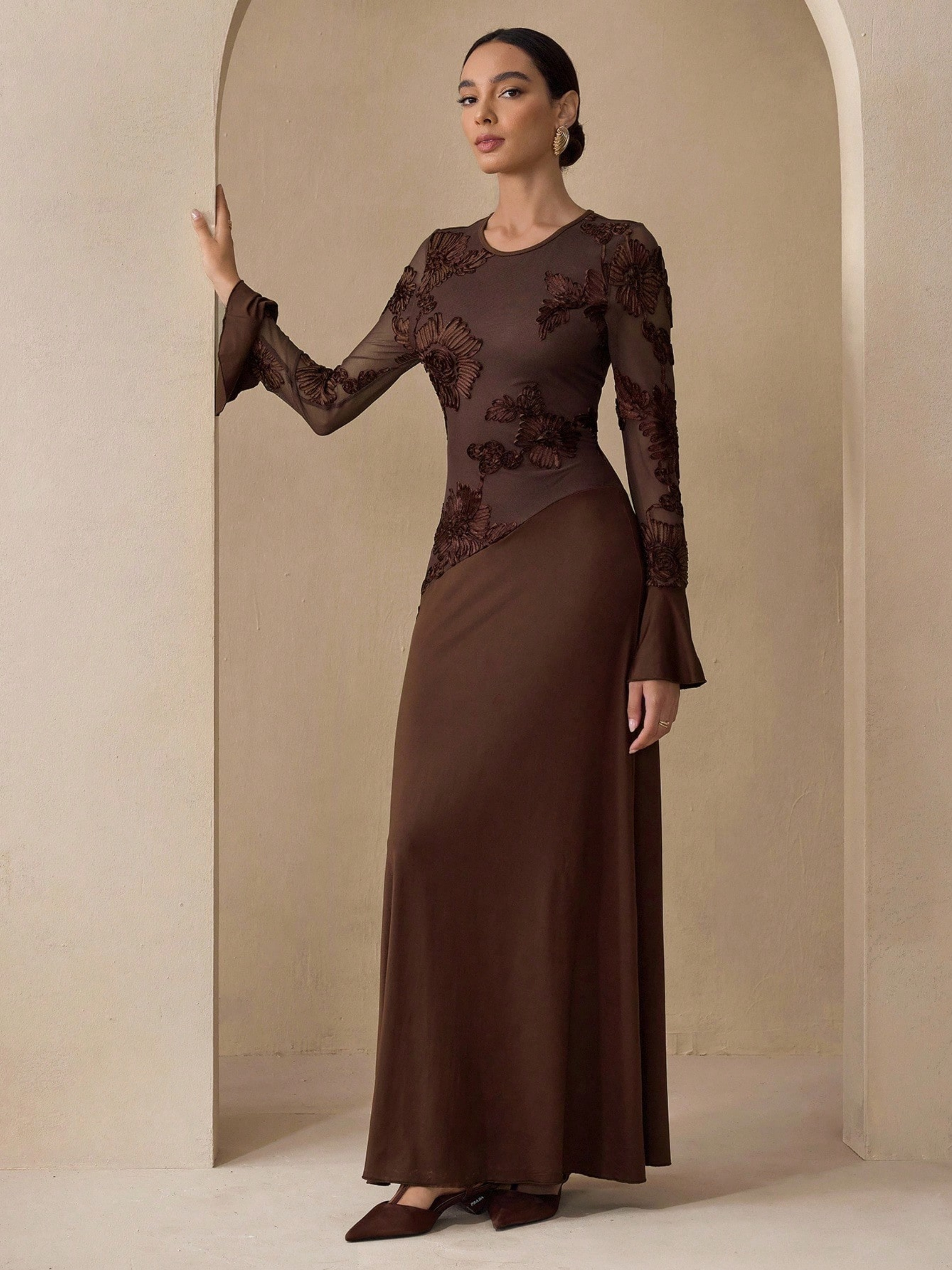 Coffee Brown Embroidered Round Neck Sheath Maxi Dress