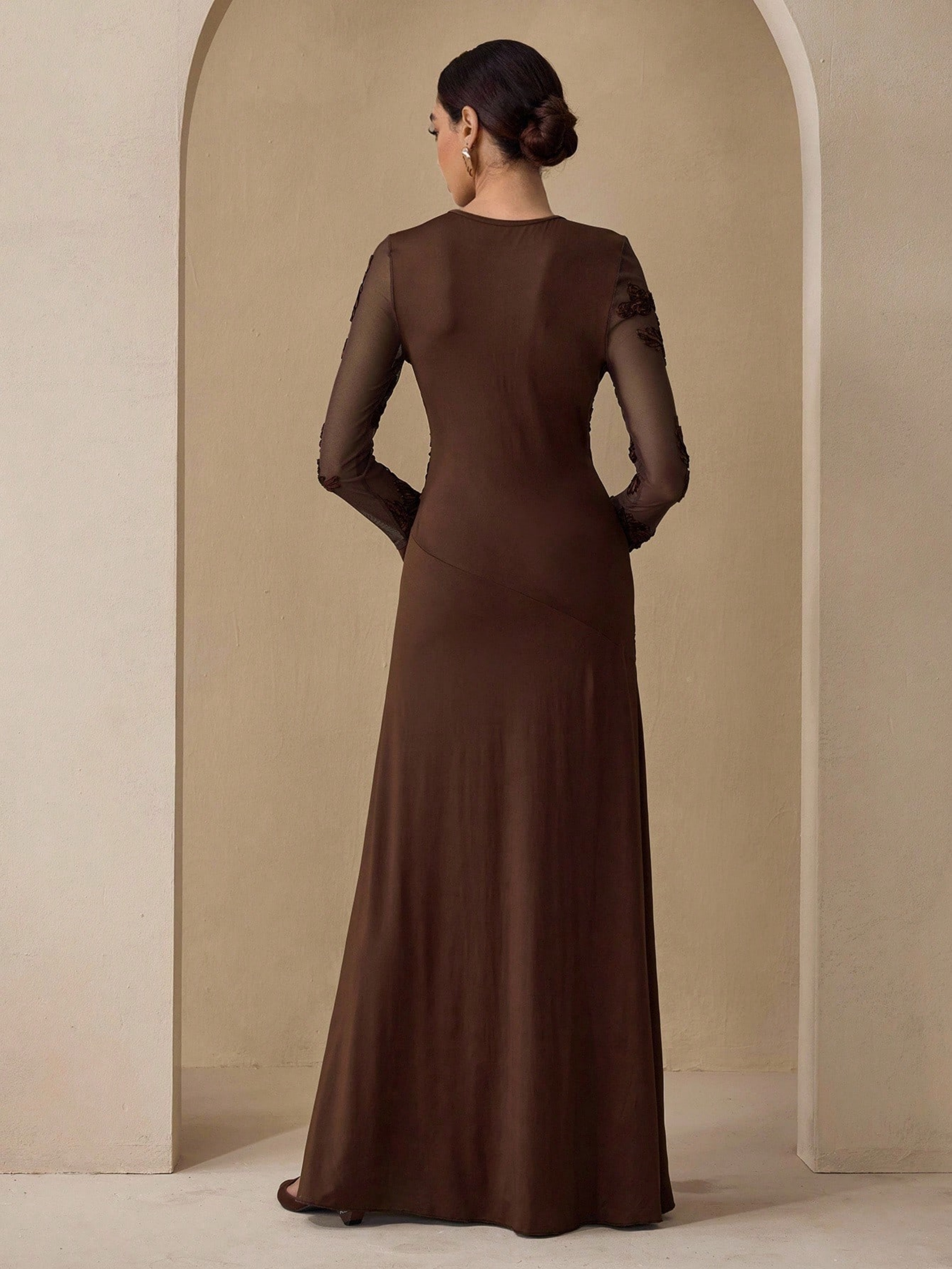 Coffee Brown Embroidered Round Neck Sheath Maxi Dress