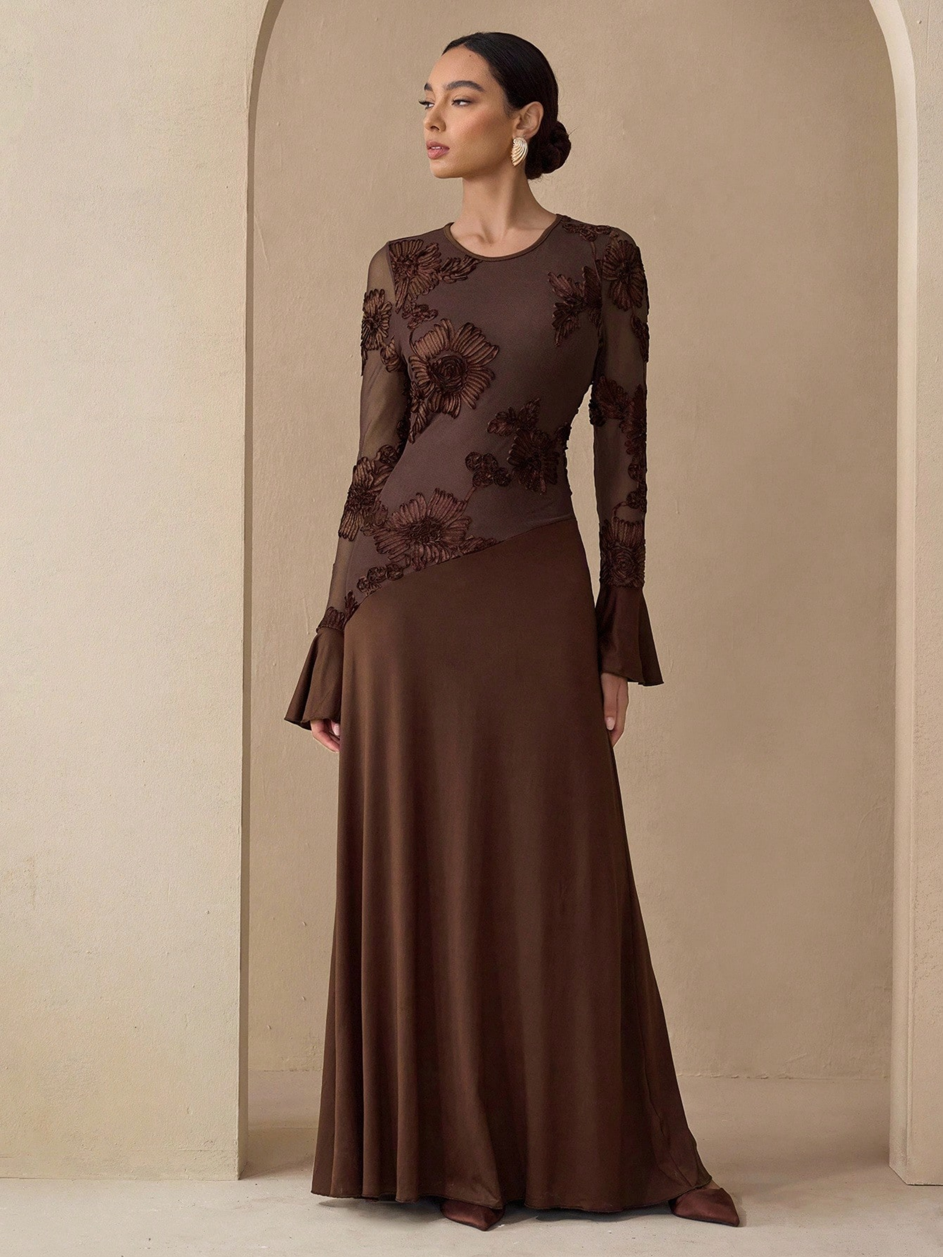 Coffee Brown Embroidered Round Neck Sheath Maxi Dress