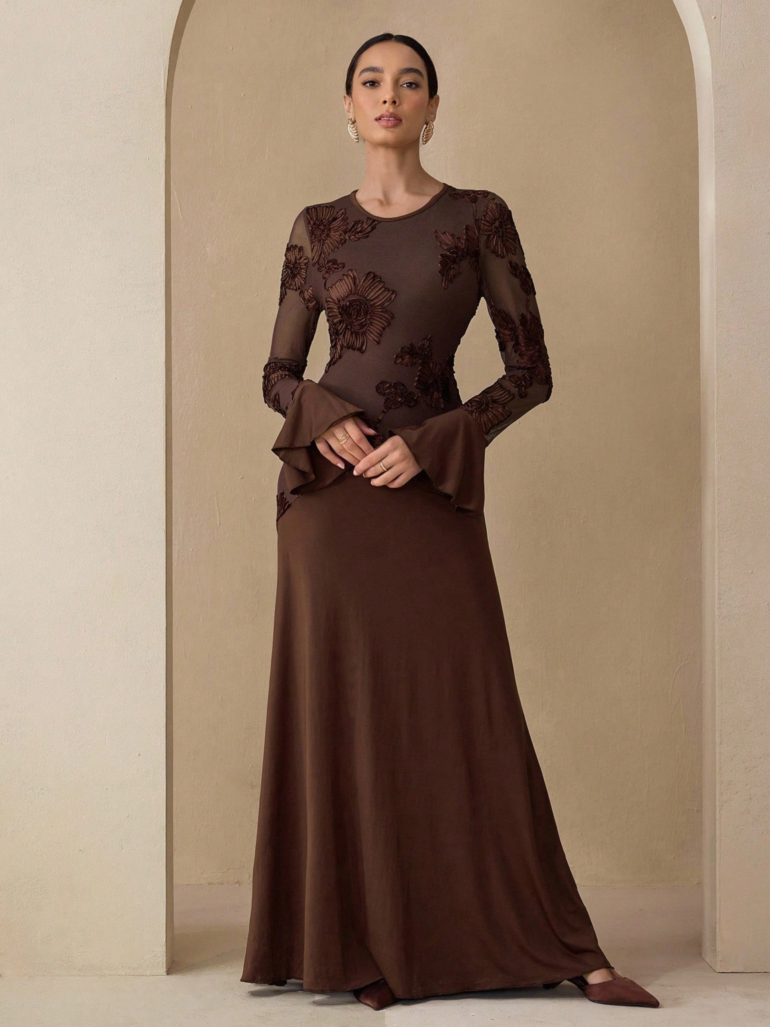 Coffee Brown Embroidered Round Neck Sheath Maxi Dress
