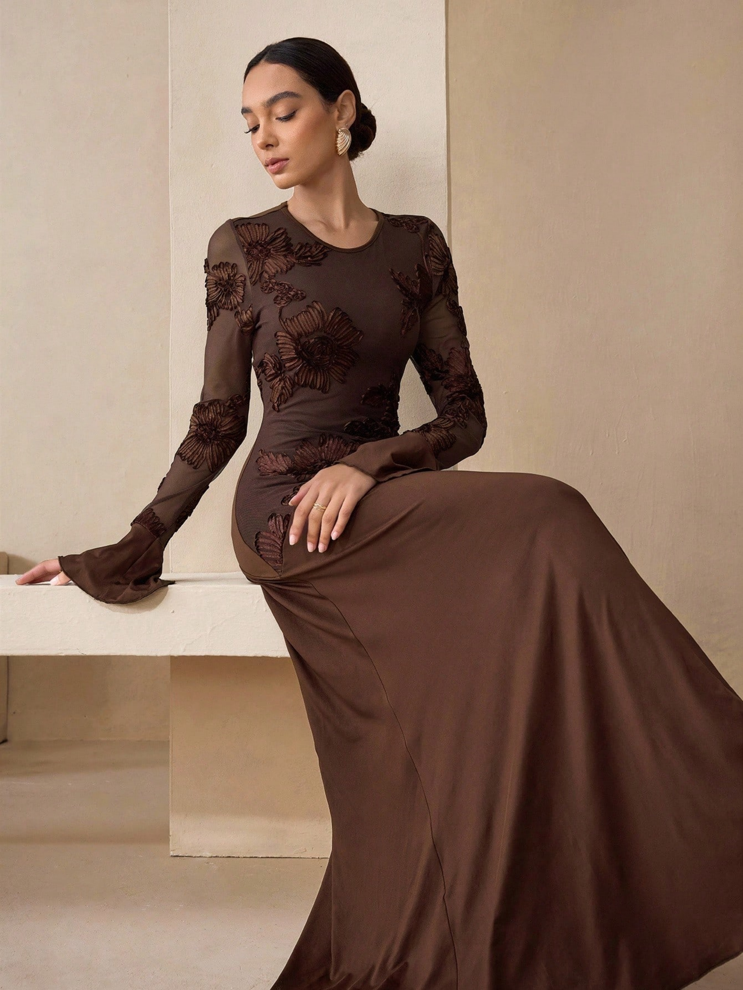 Coffee Brown Embroidered Round Neck Sheath Maxi Dress