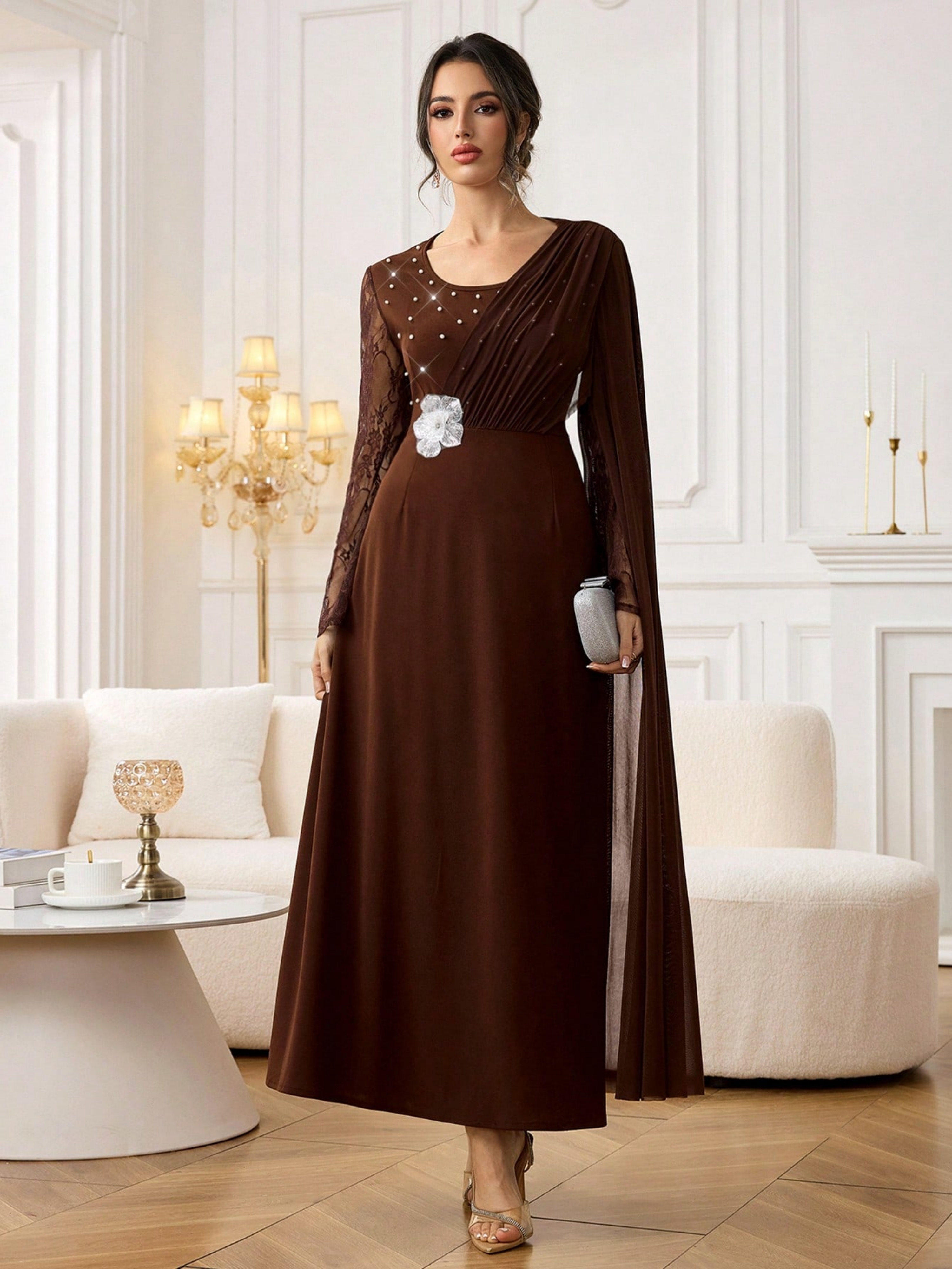Brown Solid Round Neck A-Line Ankle length Dress