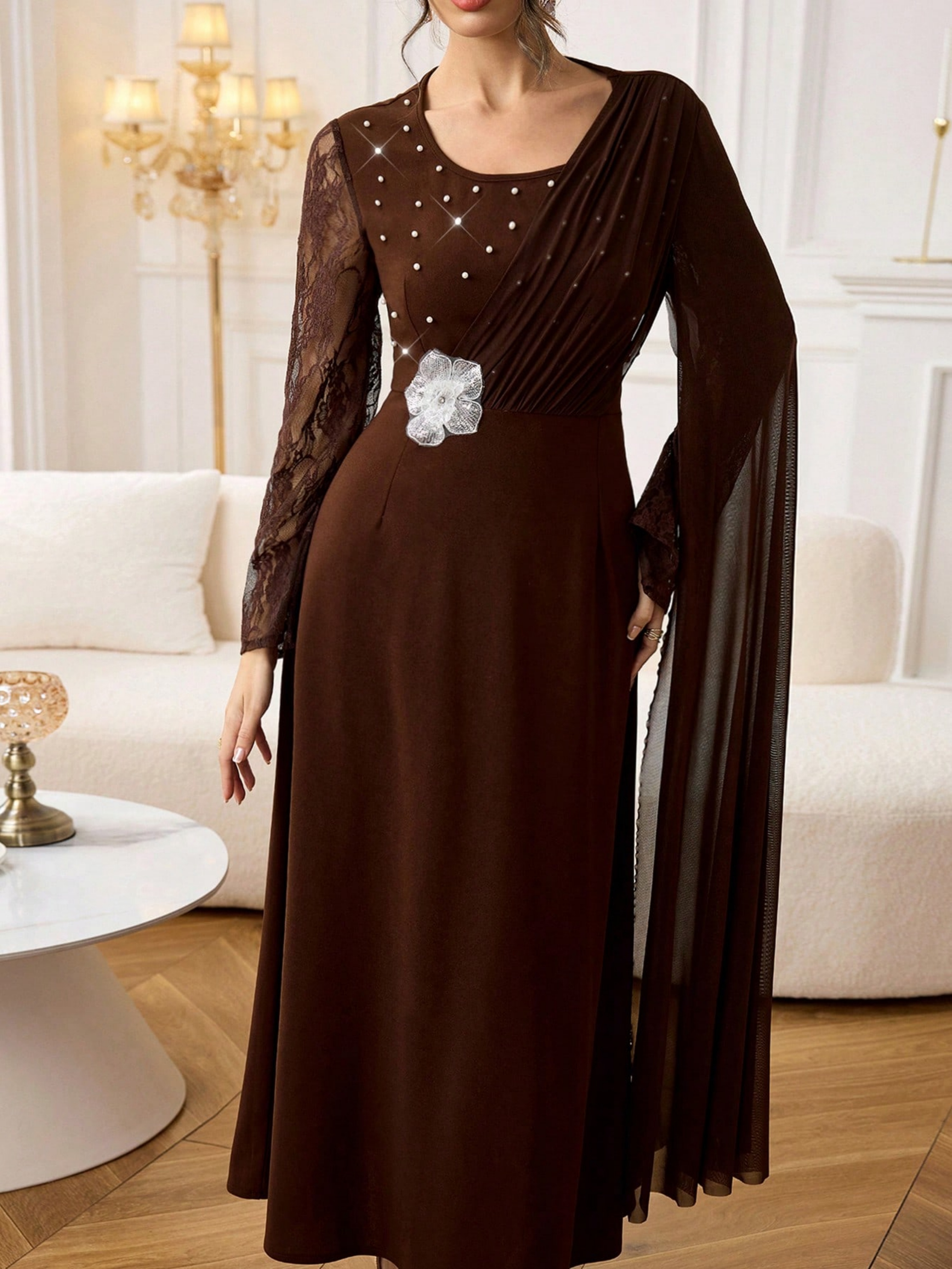 Brown Solid Round Neck A-Line Ankle length Dress