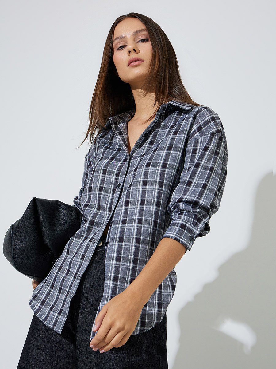 Charcoal Checked Longline Oversized Shirt