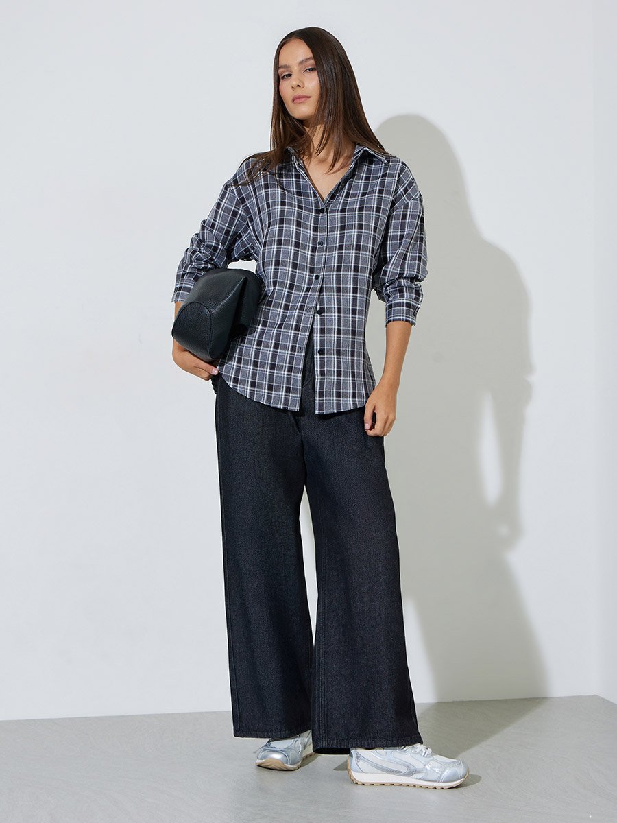 Charcoal Checked Longline Oversized Shirt