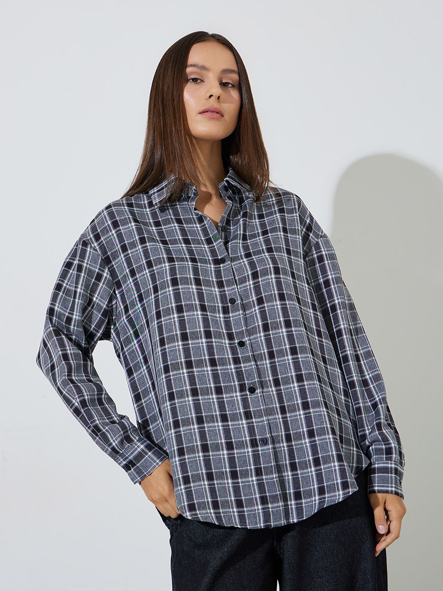 Charcoal Checked Longline Oversized Shirt