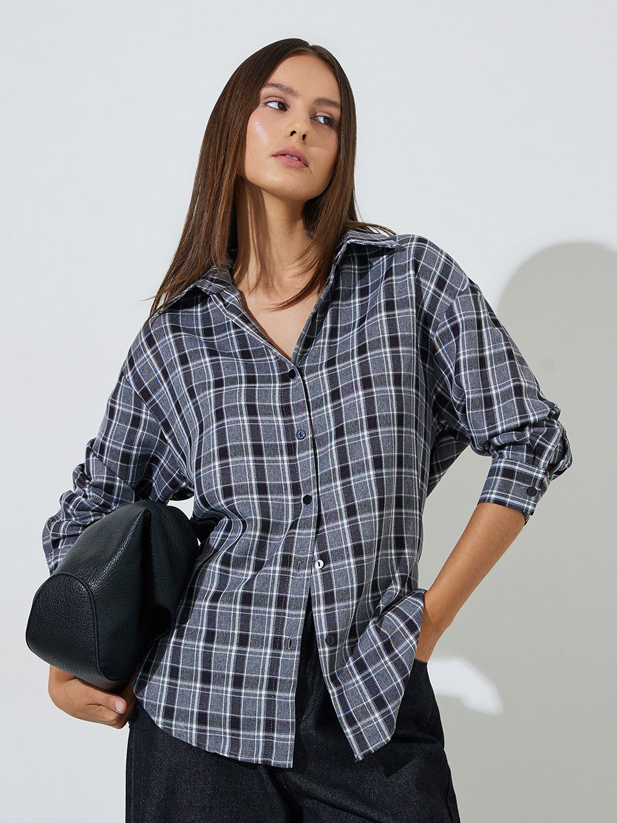 Charcoal Checked Longline Oversized Shirt