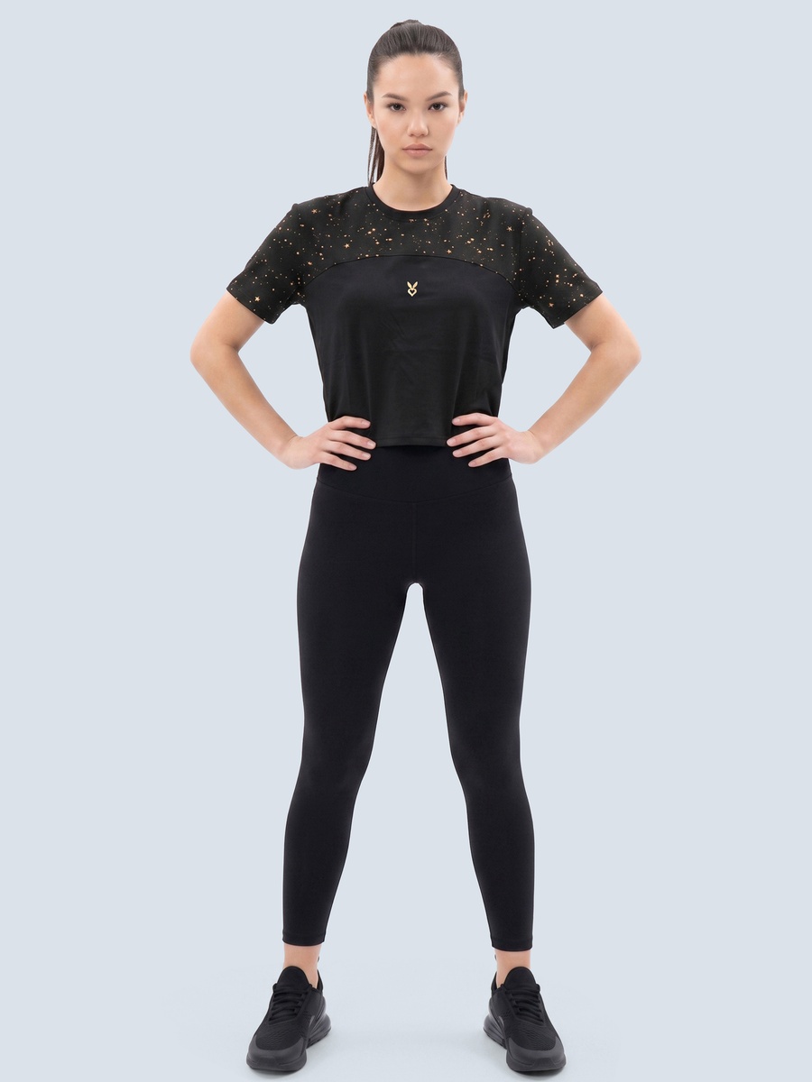 Black Boxy Fit Crop T-Shirt with Foil Print