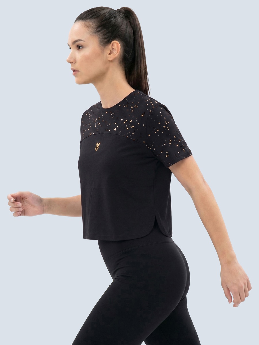 Black Boxy Fit Crop T-Shirt with Foil Print