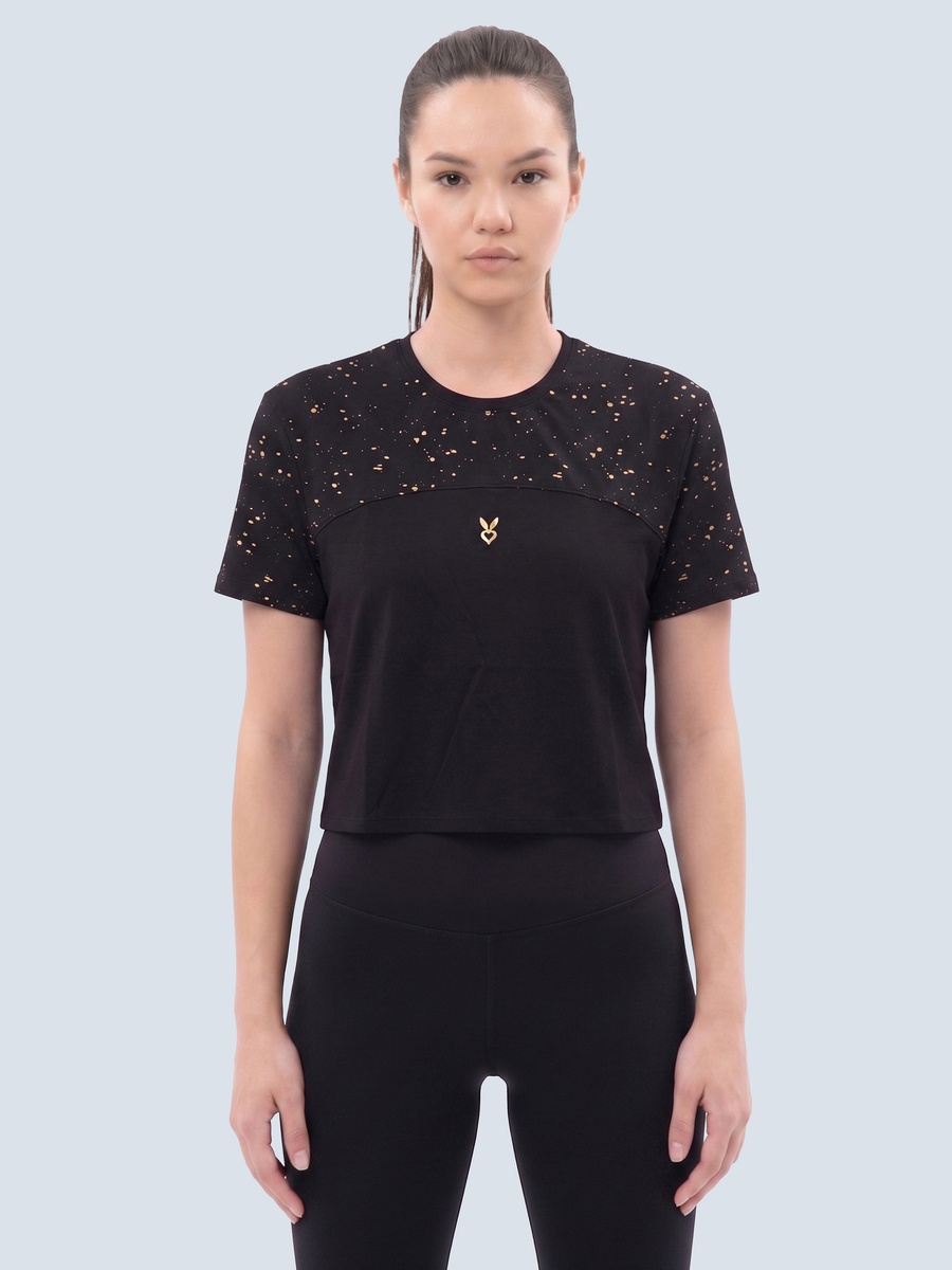 Black Boxy Fit Crop T-Shirt with Foil Print