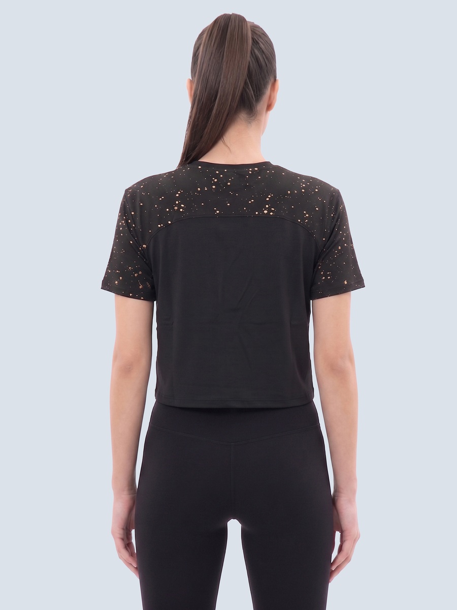 Black Boxy Fit Crop T-Shirt with Foil Print