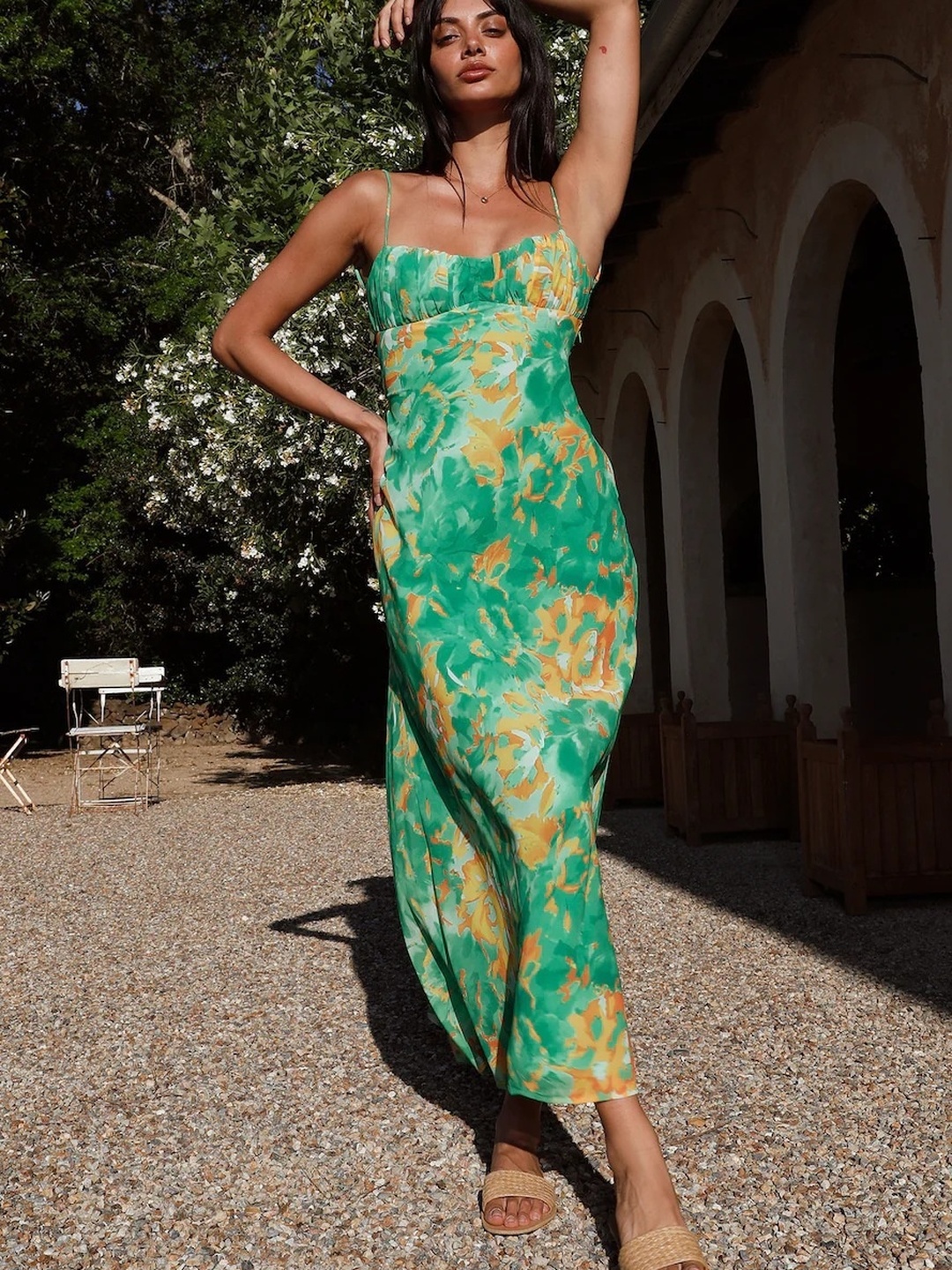 Green All Over Print Strappy Maxi Dress