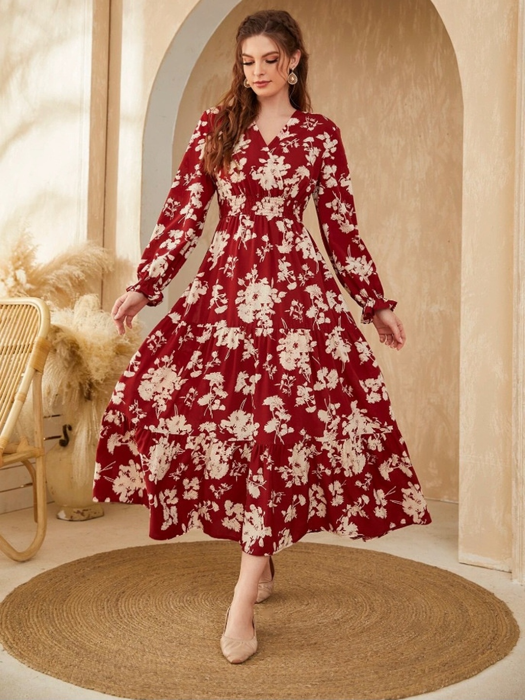 Red Floral Maxi A-Line Maxi Dress