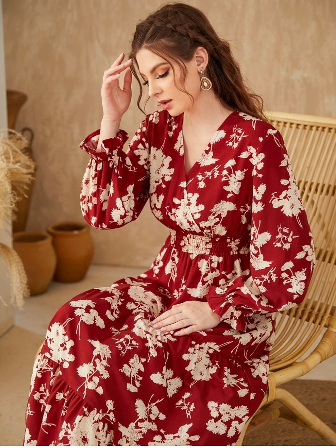 Red Floral Maxi A-Line Maxi Dress