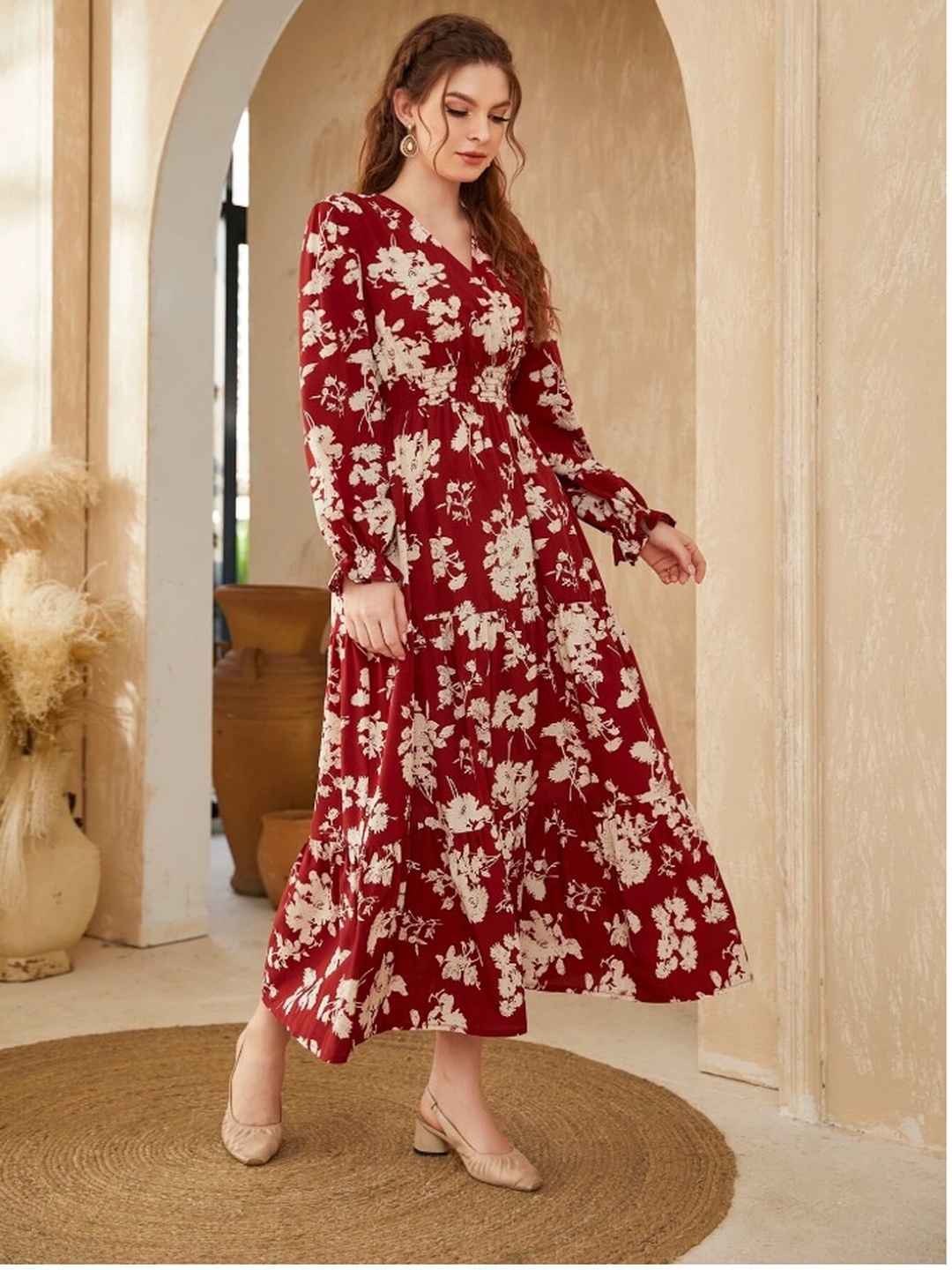Red Floral Maxi A-Line Maxi Dress