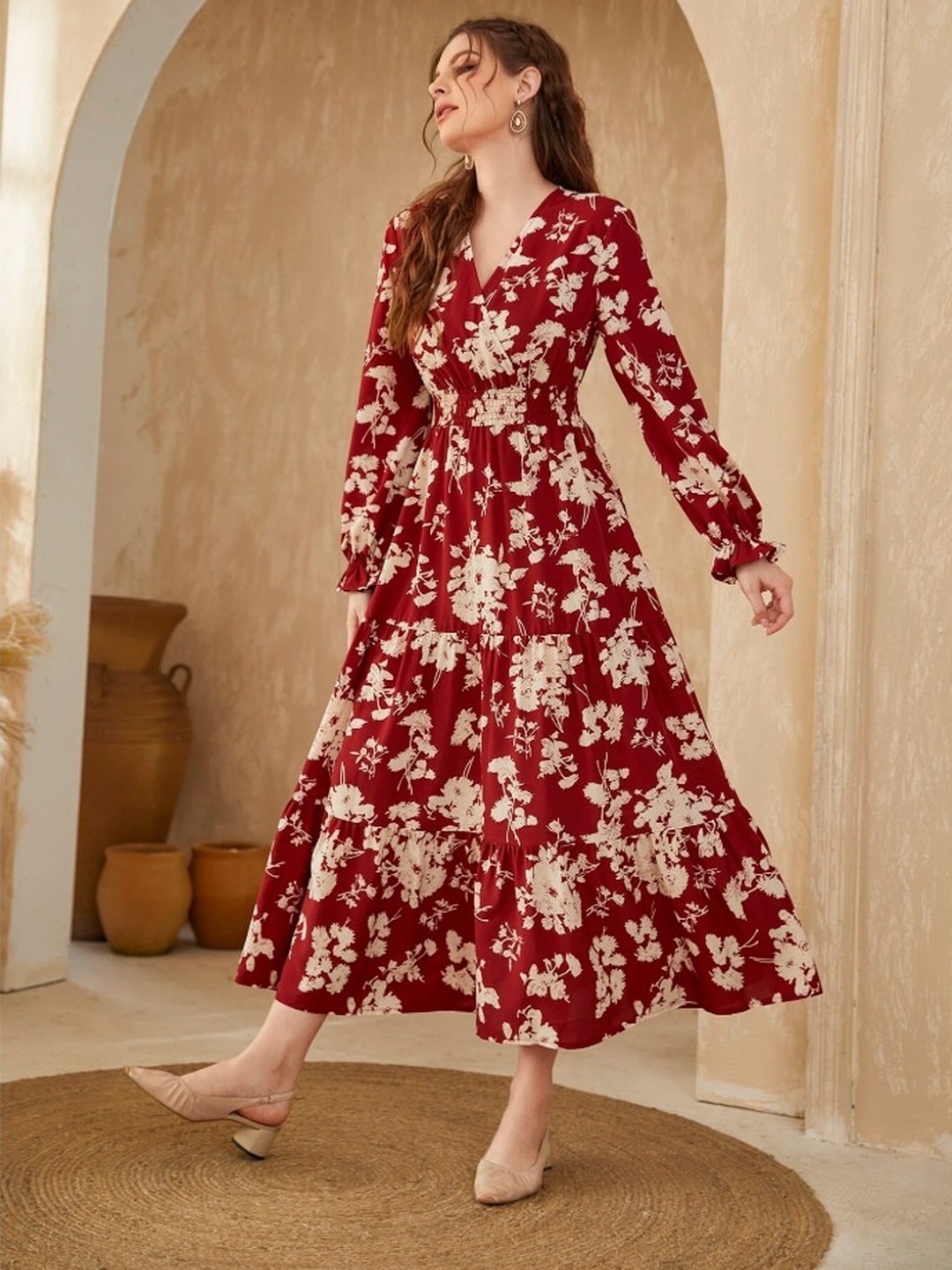 Red Floral Maxi A-Line Maxi Dress