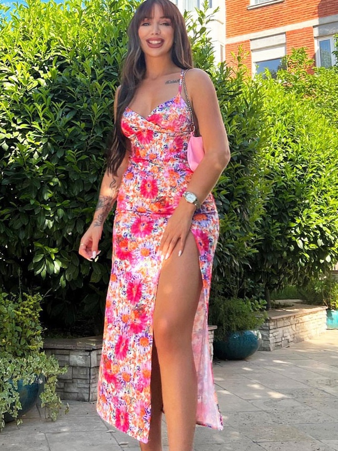 Pink Floral Bodycon Maxi Dress with High Slit